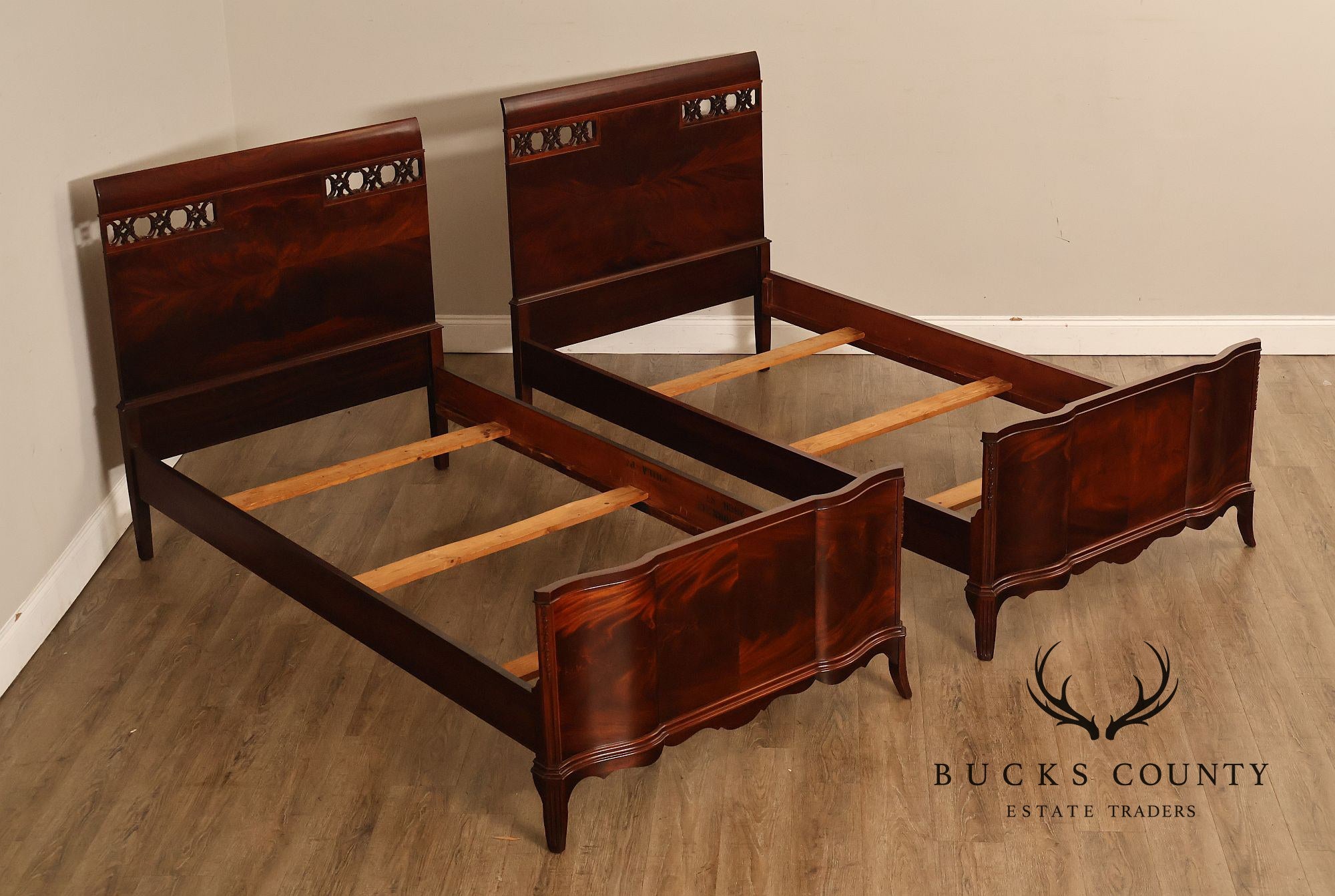 Pair of Vintage Flame Mahogany Twin Beds with Pierced Headboards, Circa 1940s