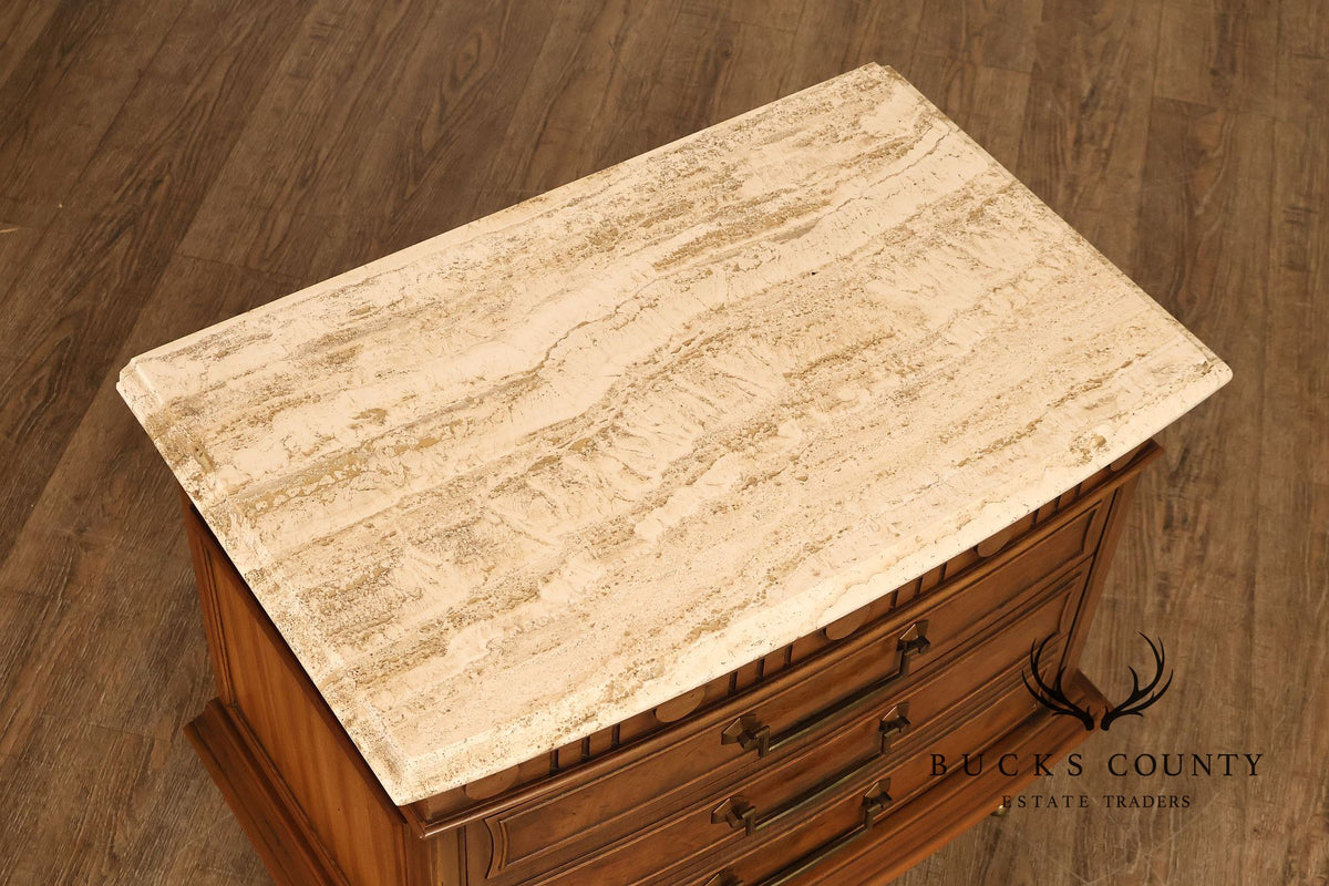 Pair Of Neoclassical Style Marble Top Three Drawer Nightstands