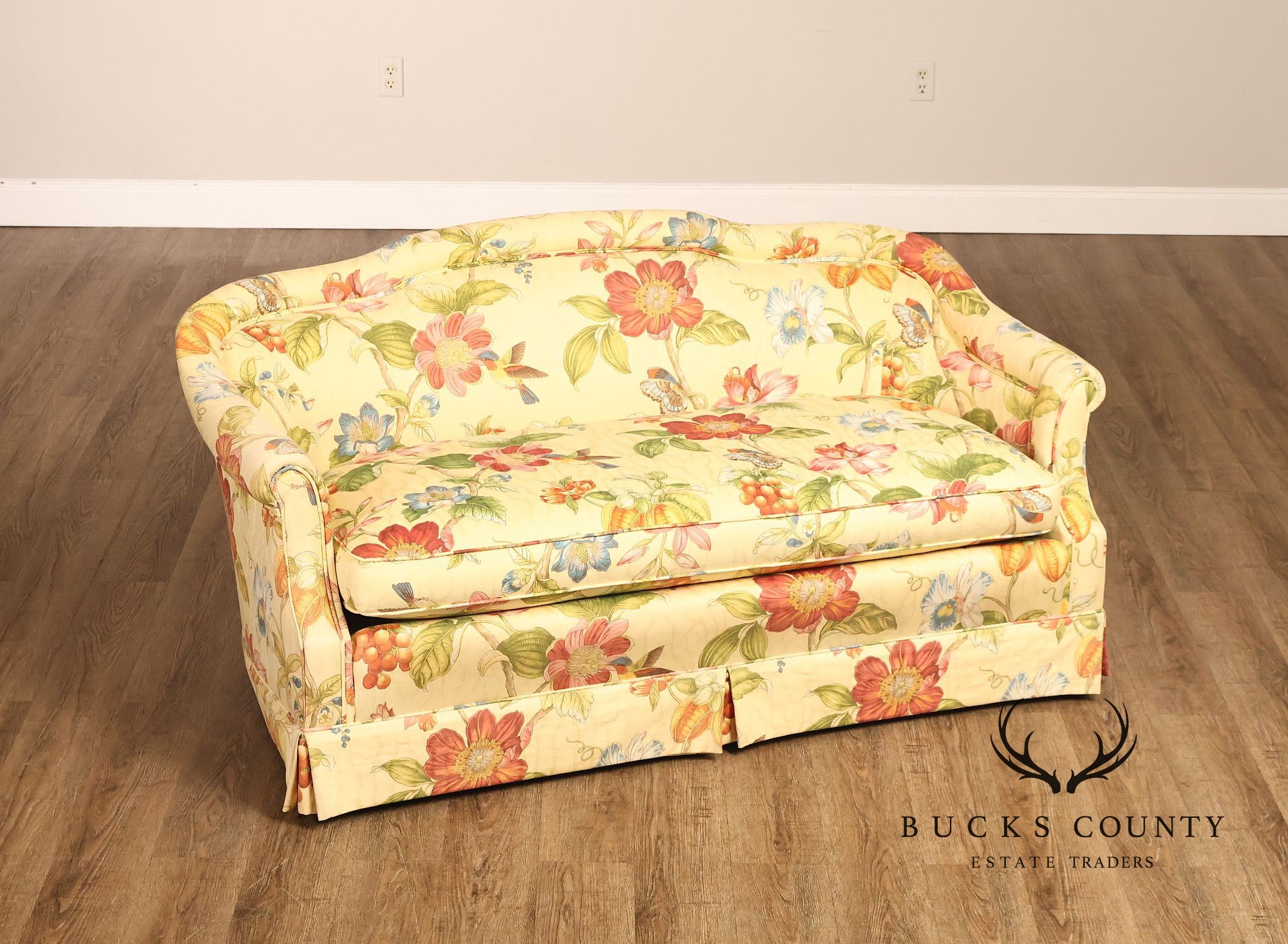 Custom Upholstered Pair Of Floral Chintz Skirted Loveseats