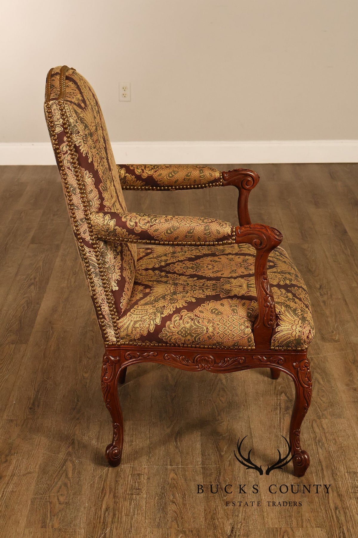 French Louis XV Style Carved Wood Upholstered Armchair