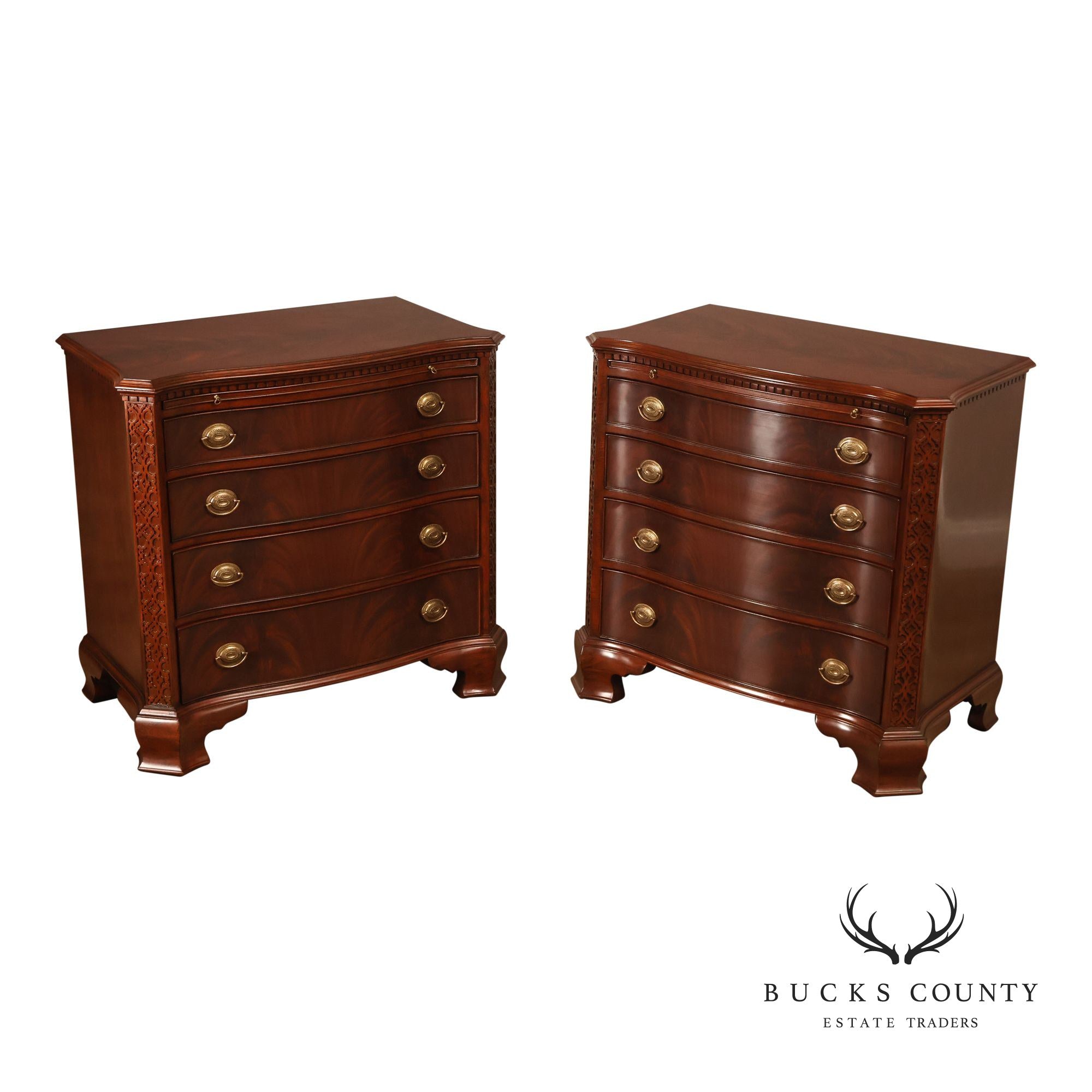 Maitland Smith Georgian Style Mahogany Carved Pair Of Mandolin Bachelors Chests