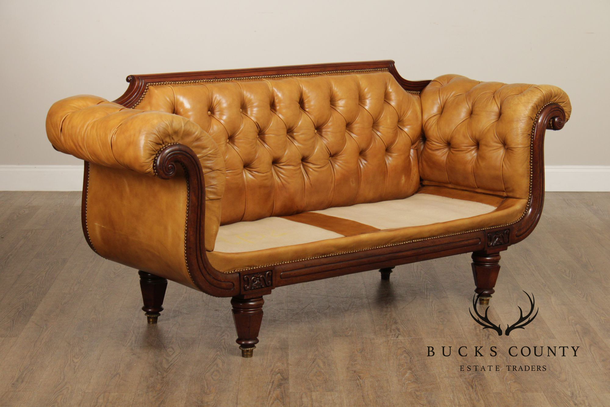 Antique English Regency Mahogany and Tufted Leather Sofa