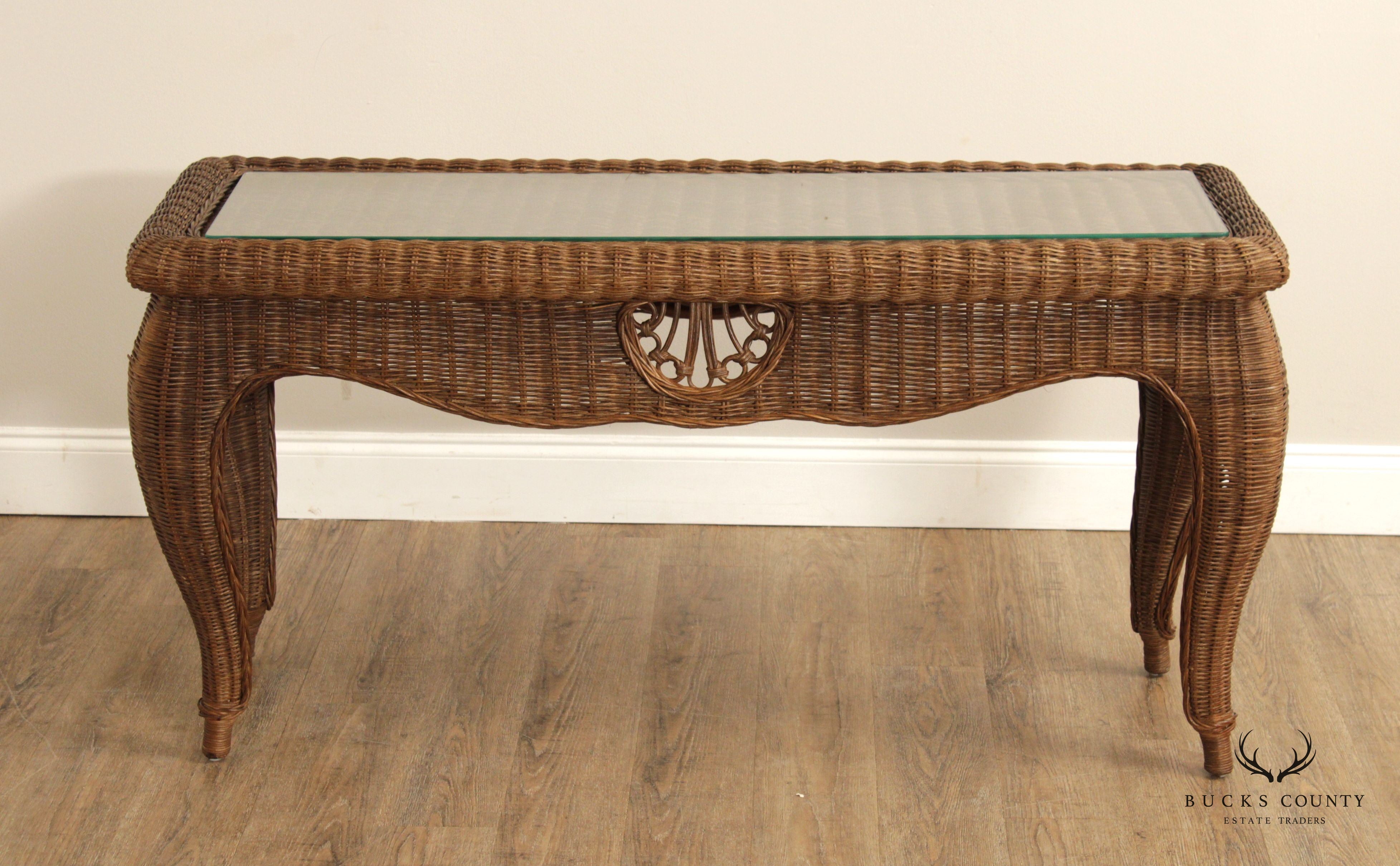 ETHAN ALLEN VICTORIAN STYLE VINTAGE WICKER CONSOLE TABLE