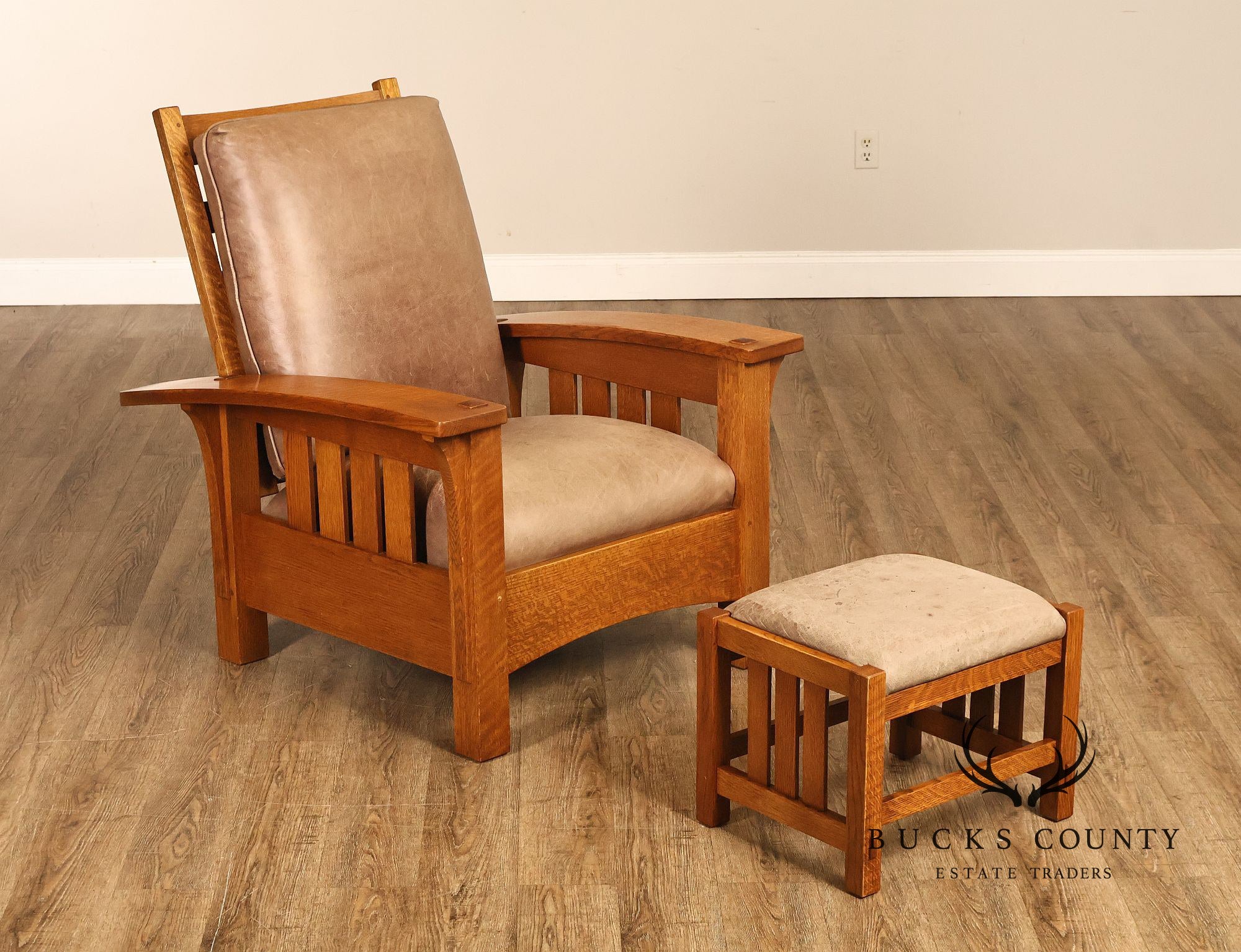 Stickley Mission Collection Oak And Leather Morris Chair With Ottoman