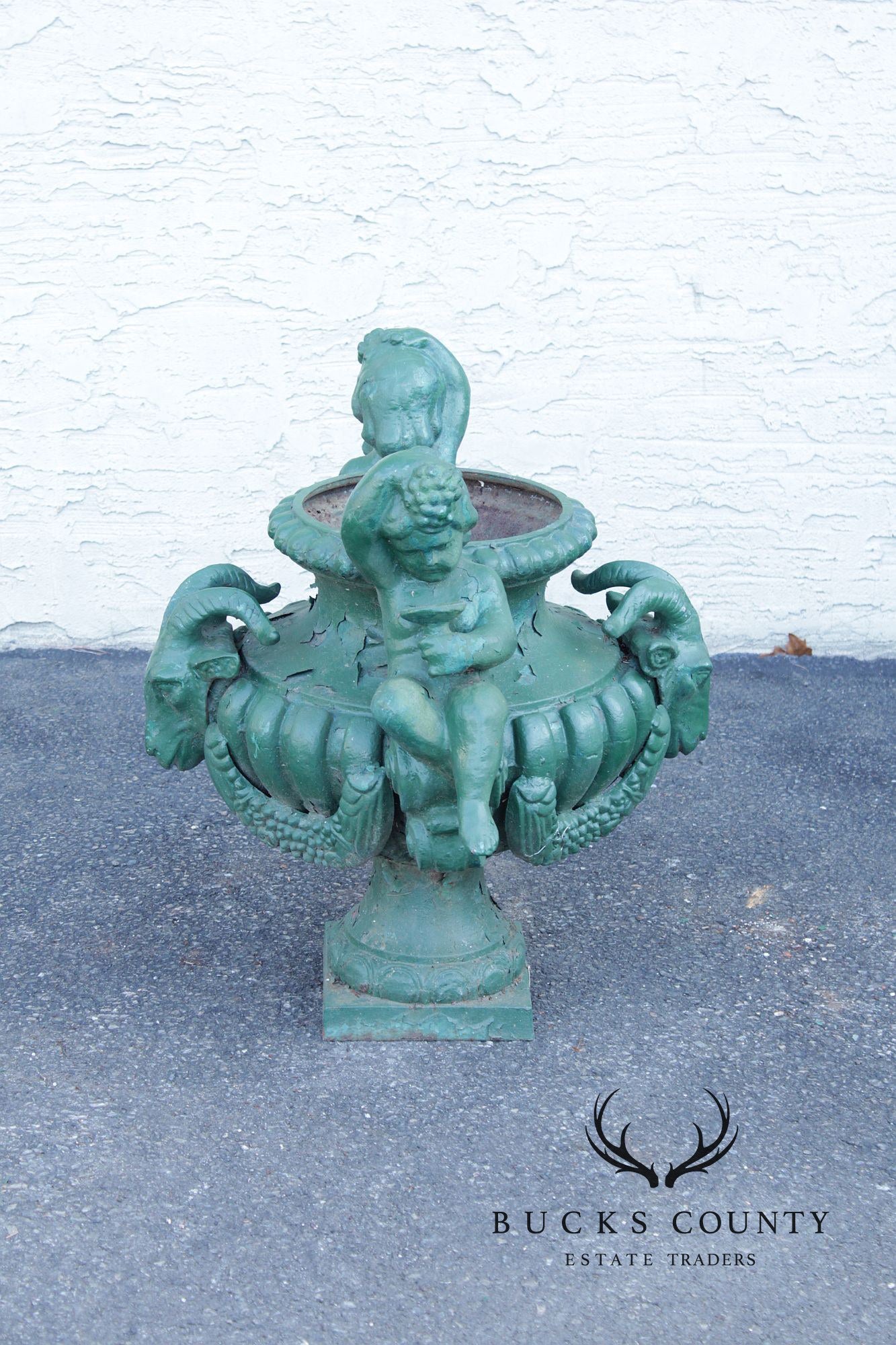 Antique Cast Iron Pair Of Cherub Garden Urn Planters