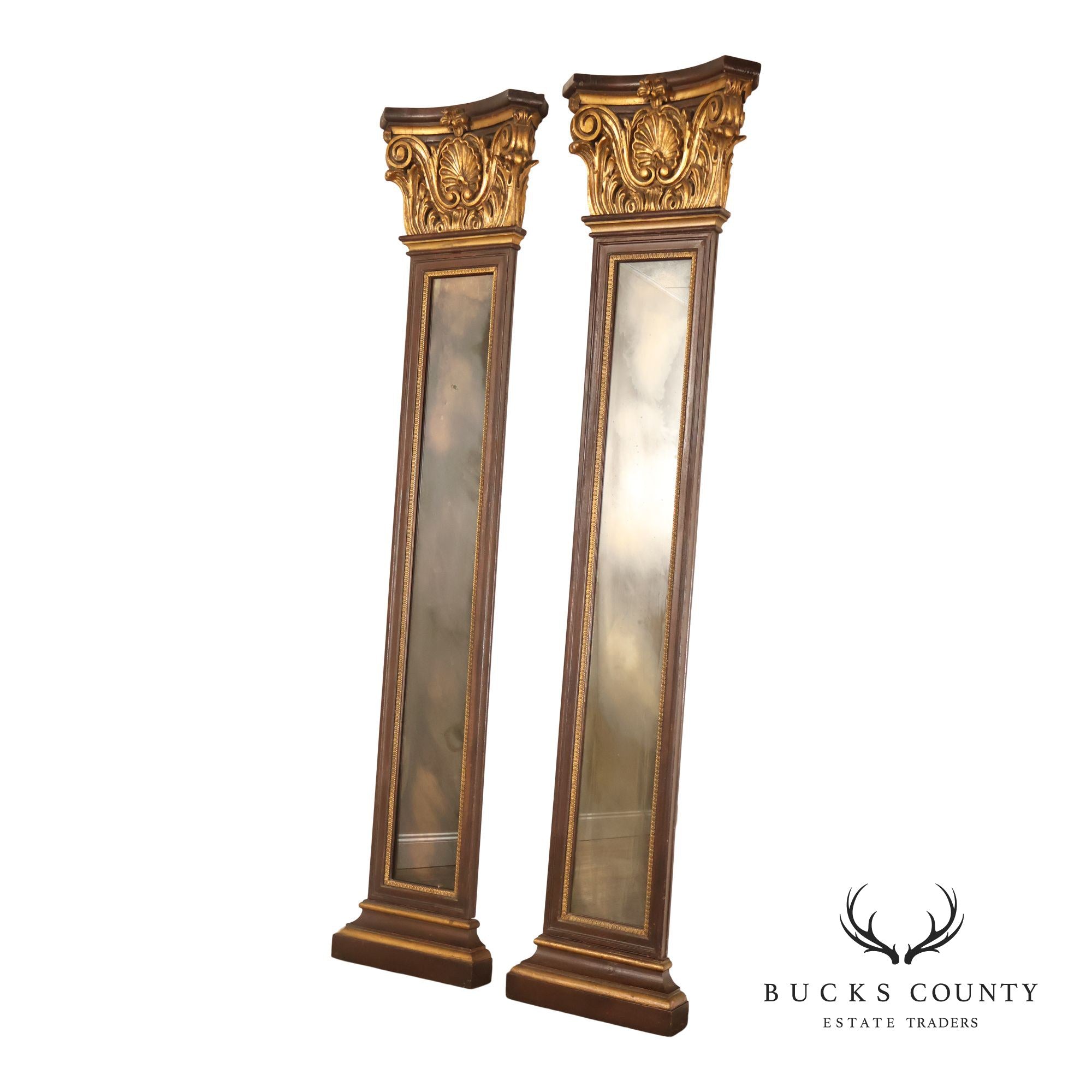 Pair Of Decorative Mirrored Wall Columns With Gilt Carved Capitals By Francisco Hurtado