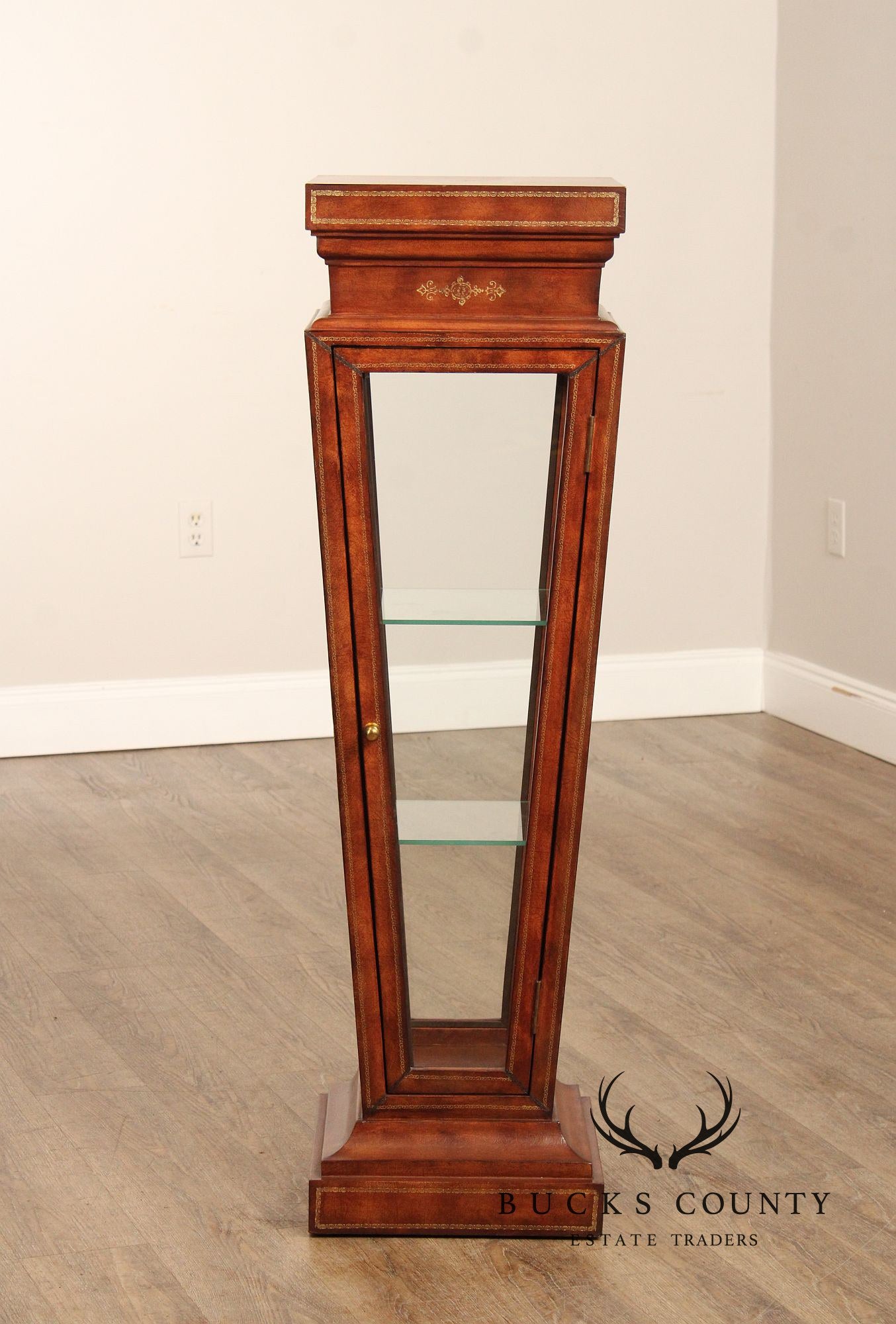 Maitland Smith Leather Wrapped Pedestal Display Cabinet