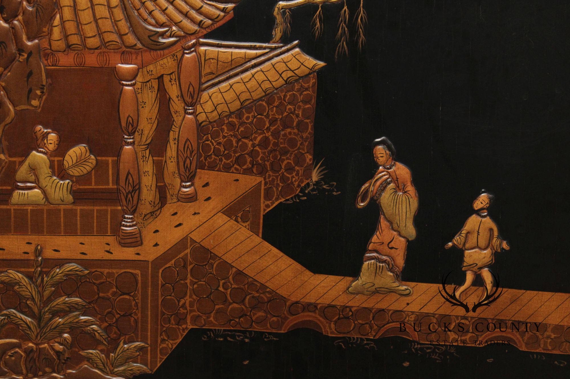 Georgian Furnishing Co. Pair Of Black Lacquer Chinoiserie Cabinets