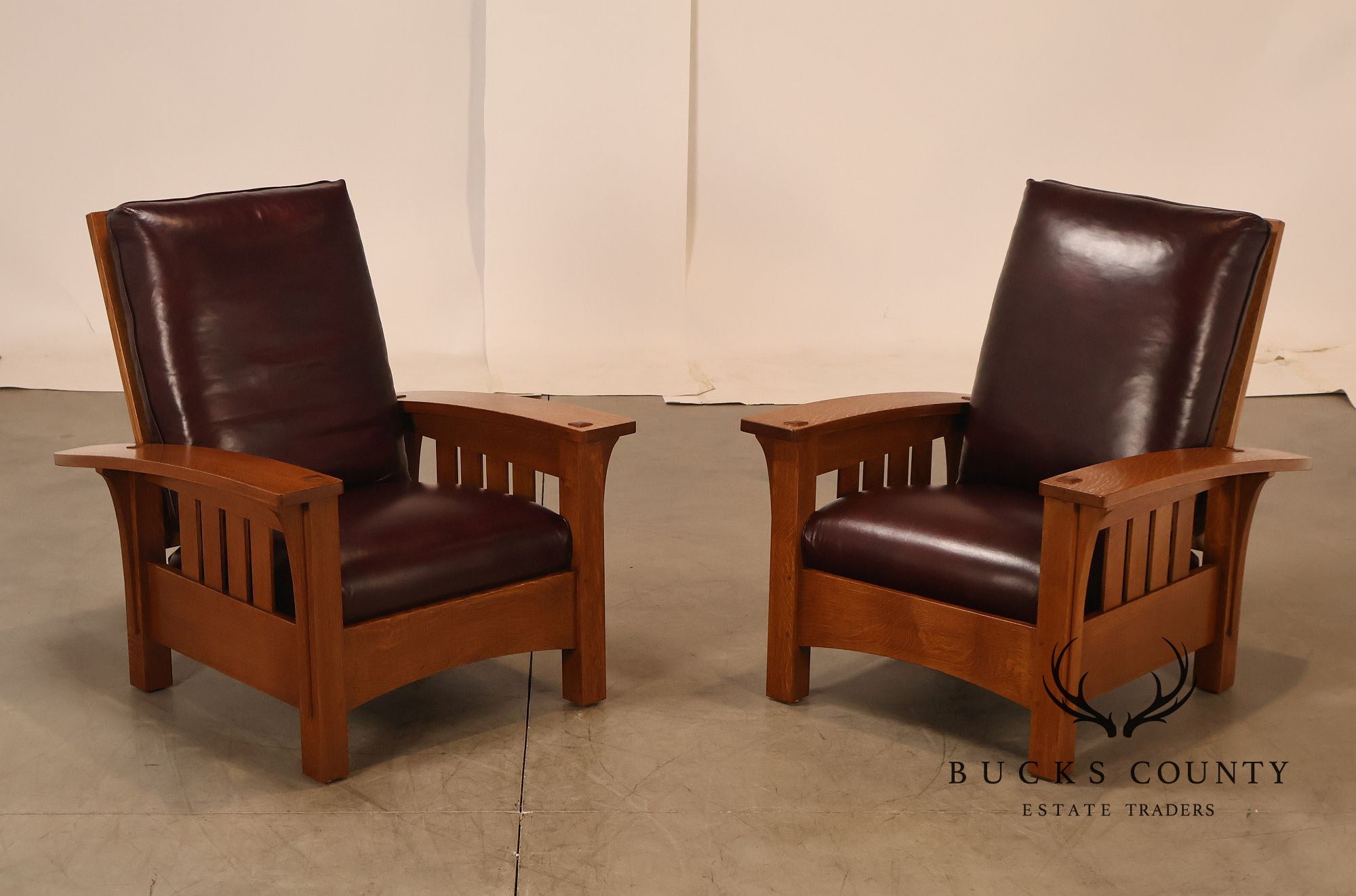 Stickley Mission Collection Pair Of Oak & Leather Bow Arm Morris Chairs