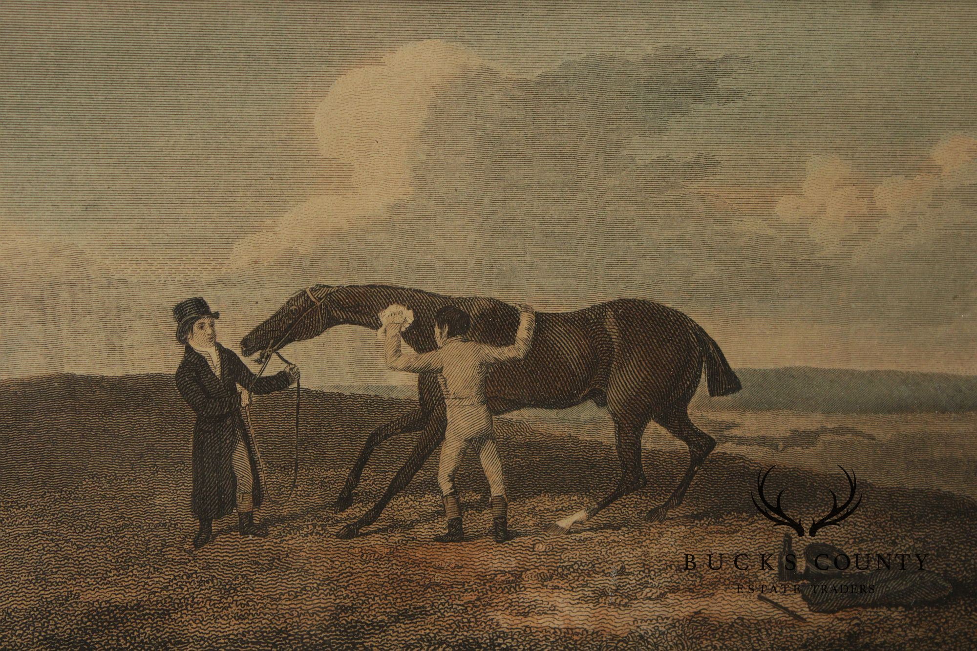 English Traditional Antique Framed Equestrian Print, 'Rubbing Down'