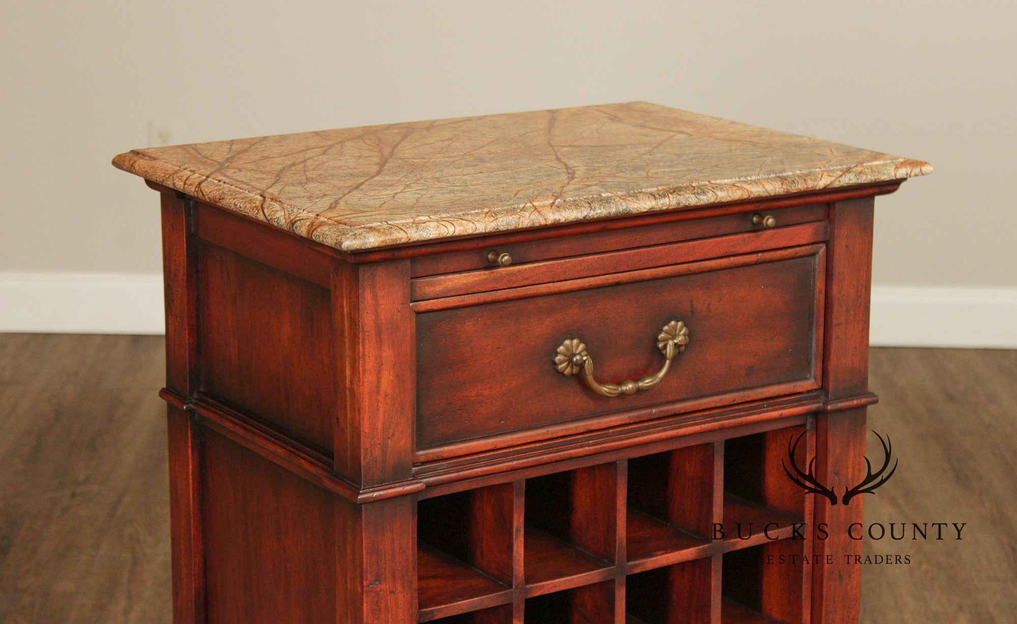 French Country Style Marble Top Wine Rack Cabinet With Drawer, Cherry Finish