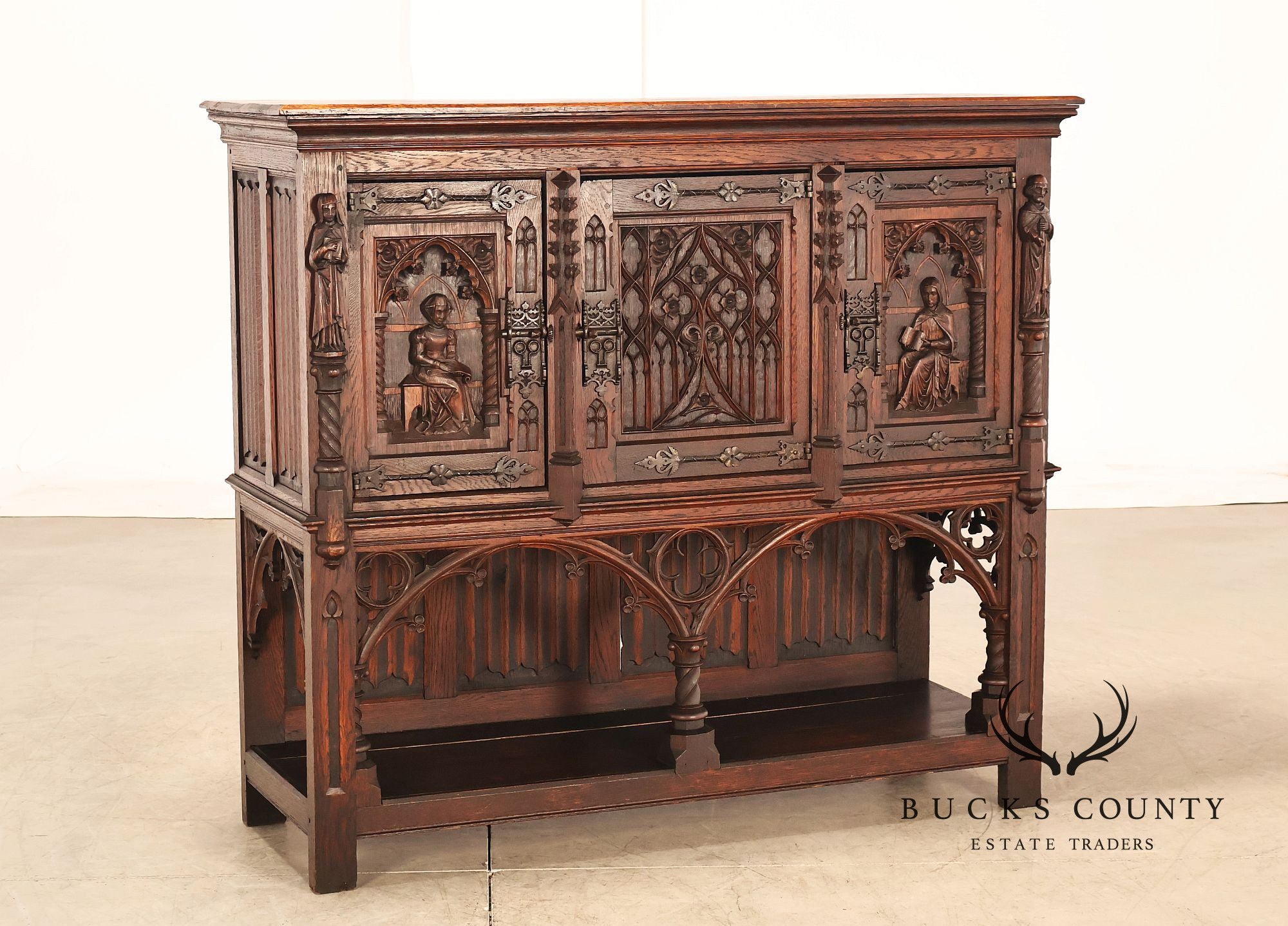 Antique Neo-Gothic Carved Oak Sideboard Server With Figural Panels
