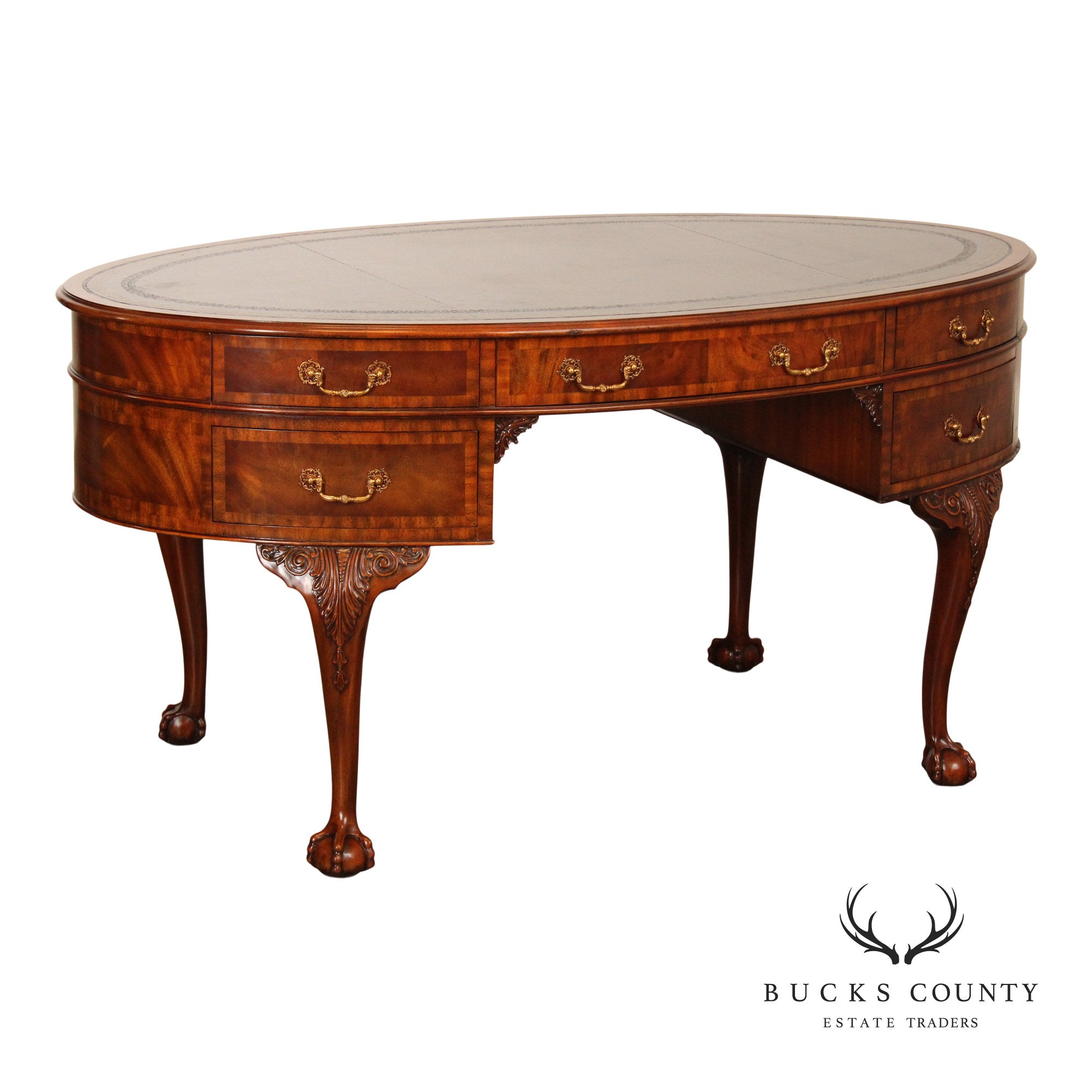 Maitland Smith Georgian Style Leather Top Mahogany Oval Desk