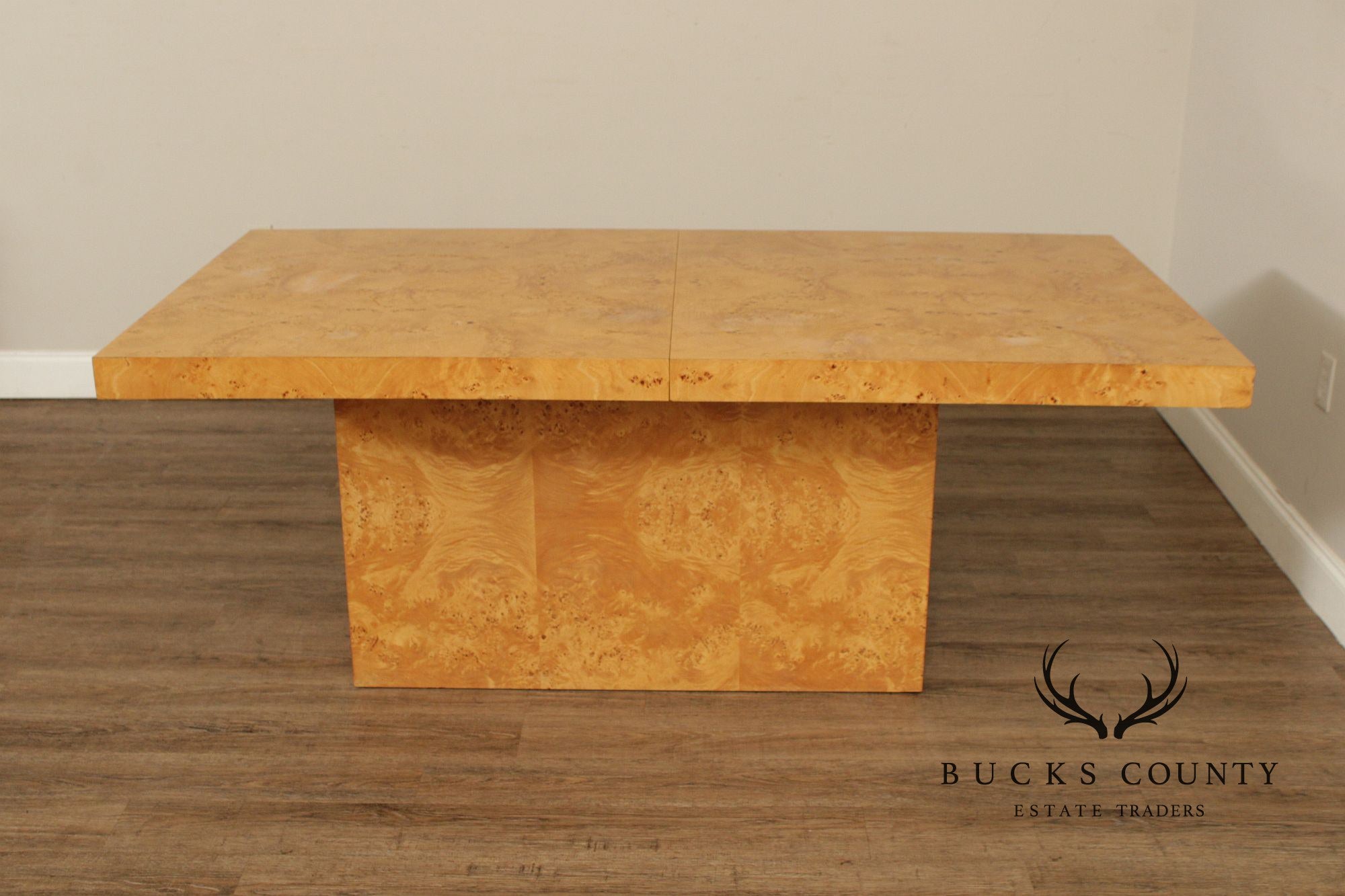 Milo Baughman Style Burlwood Extension Dining Table with 2 Leaves