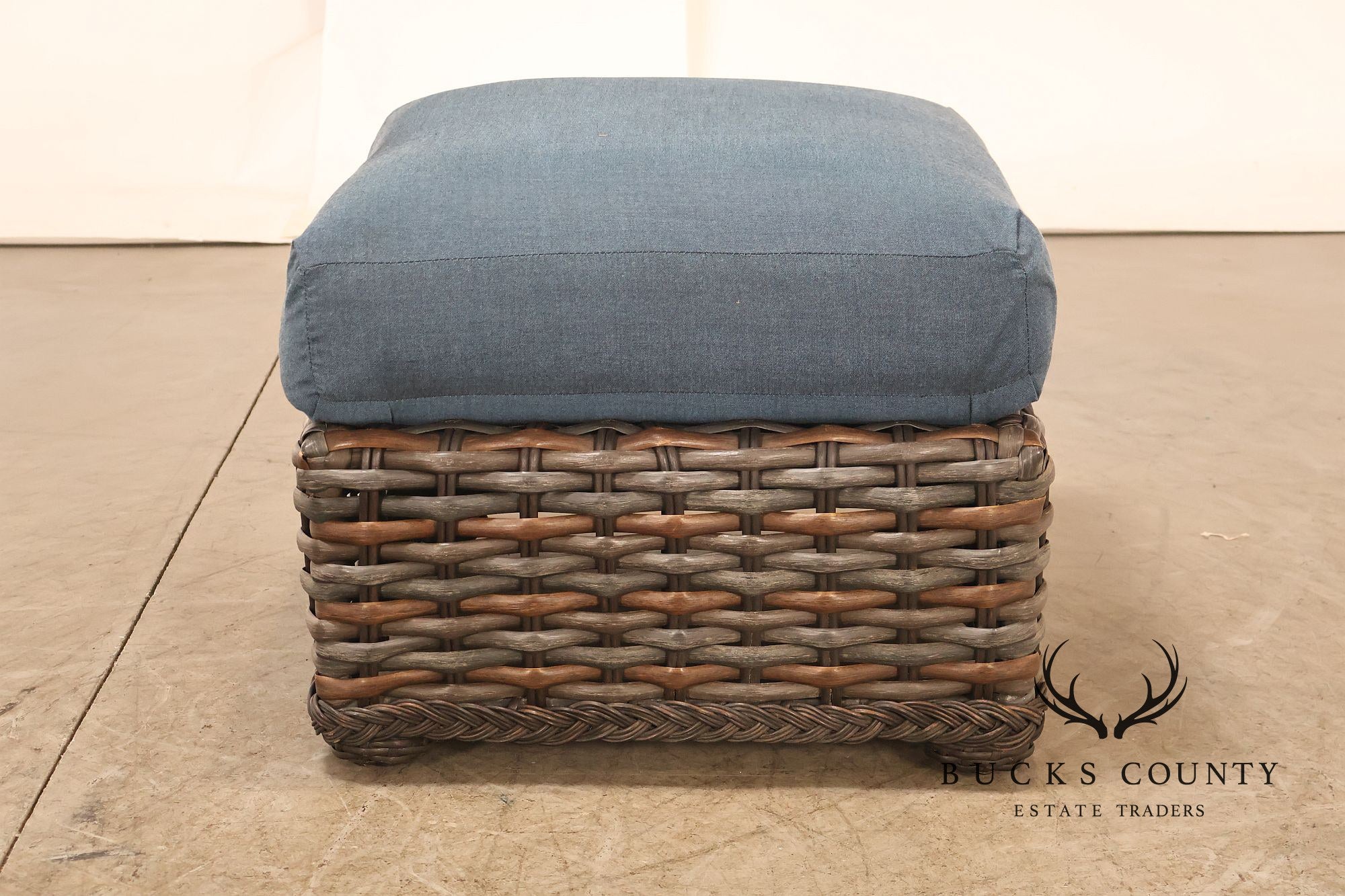 Lane Venture WeatherMaster Pair Of Woven Wicker Outdoor Ottomans With Blue Cushions
