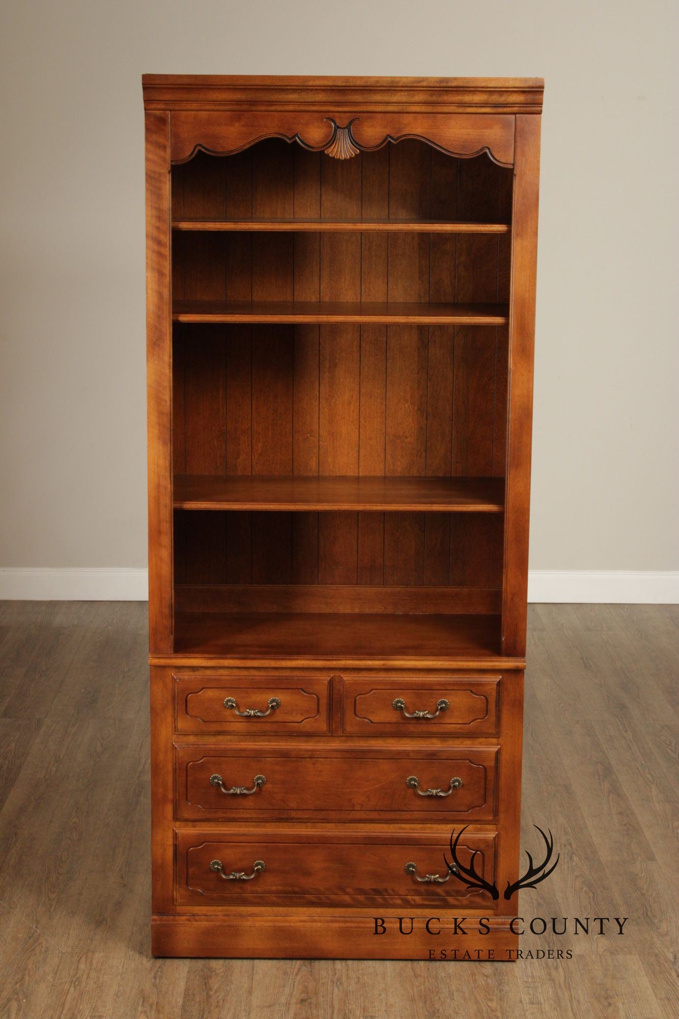 Ethan Allen French Country Tall Open Bookcase with Drawers