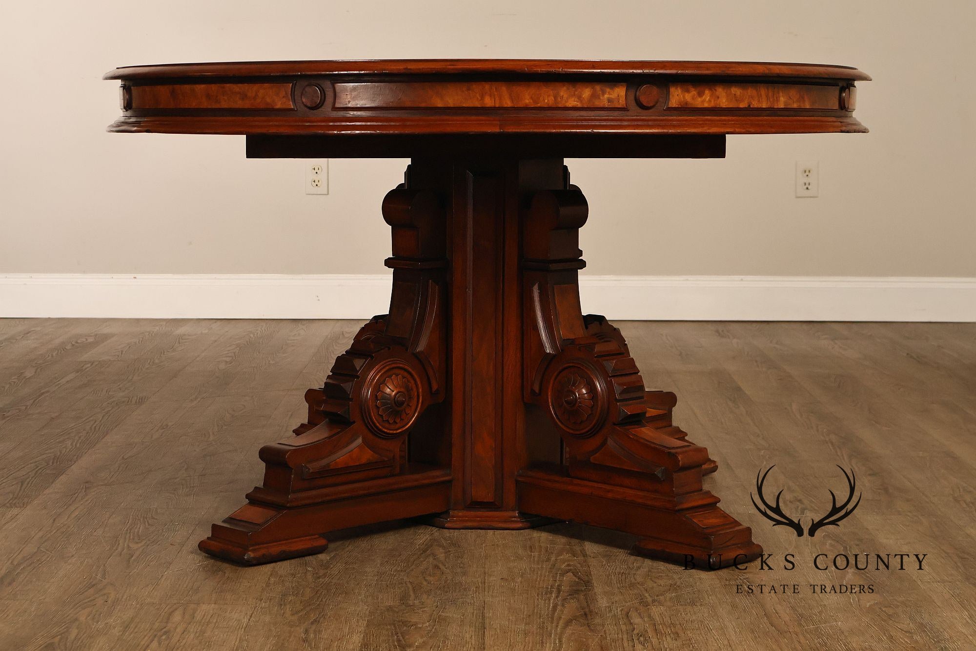 Antique Victorian Renaissance Revival Round Walnut Split Pedestal Extension Dining Table