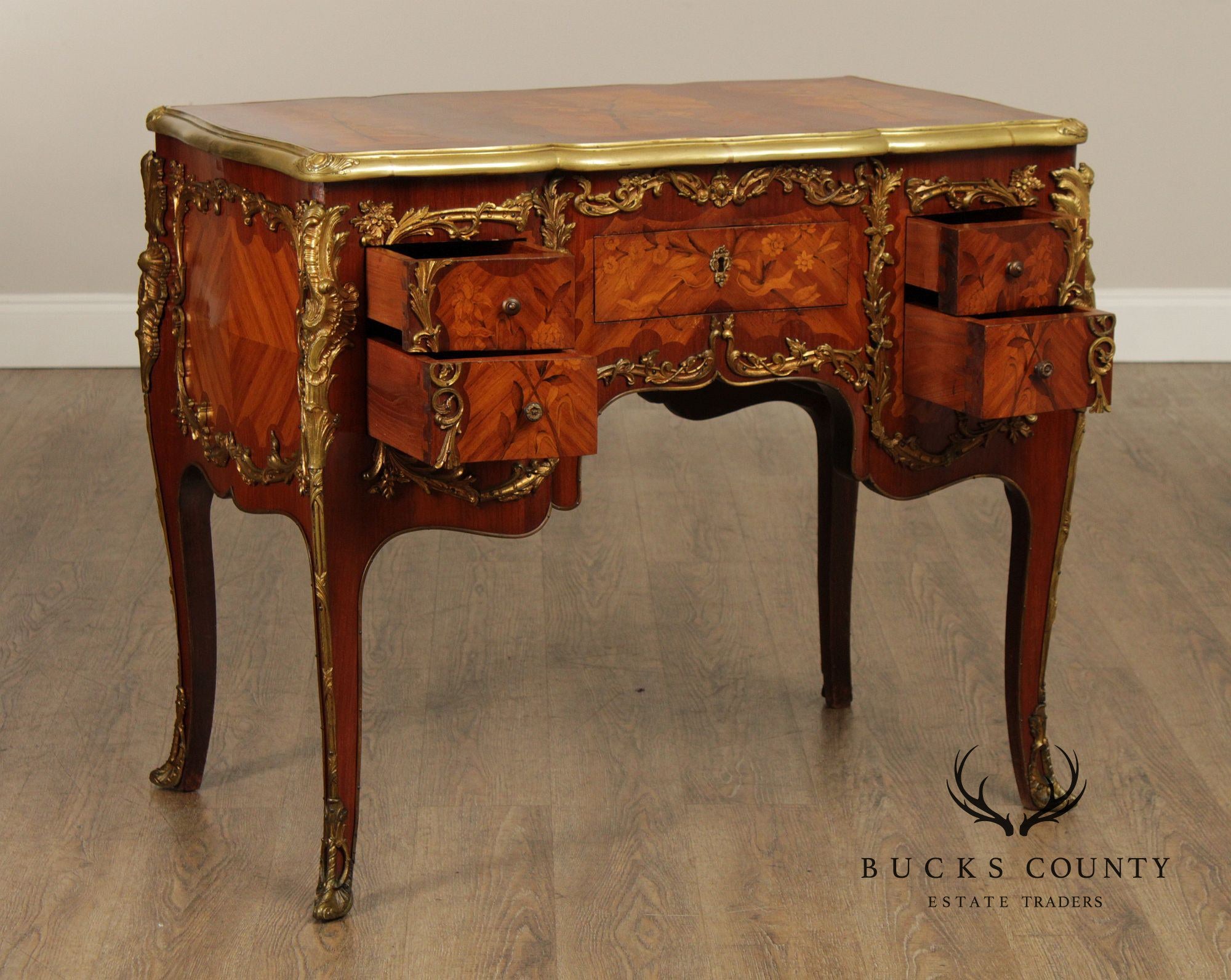 French Louis XV Style Marquetry Inlaid Bronze Mounted Knee Hole Desk