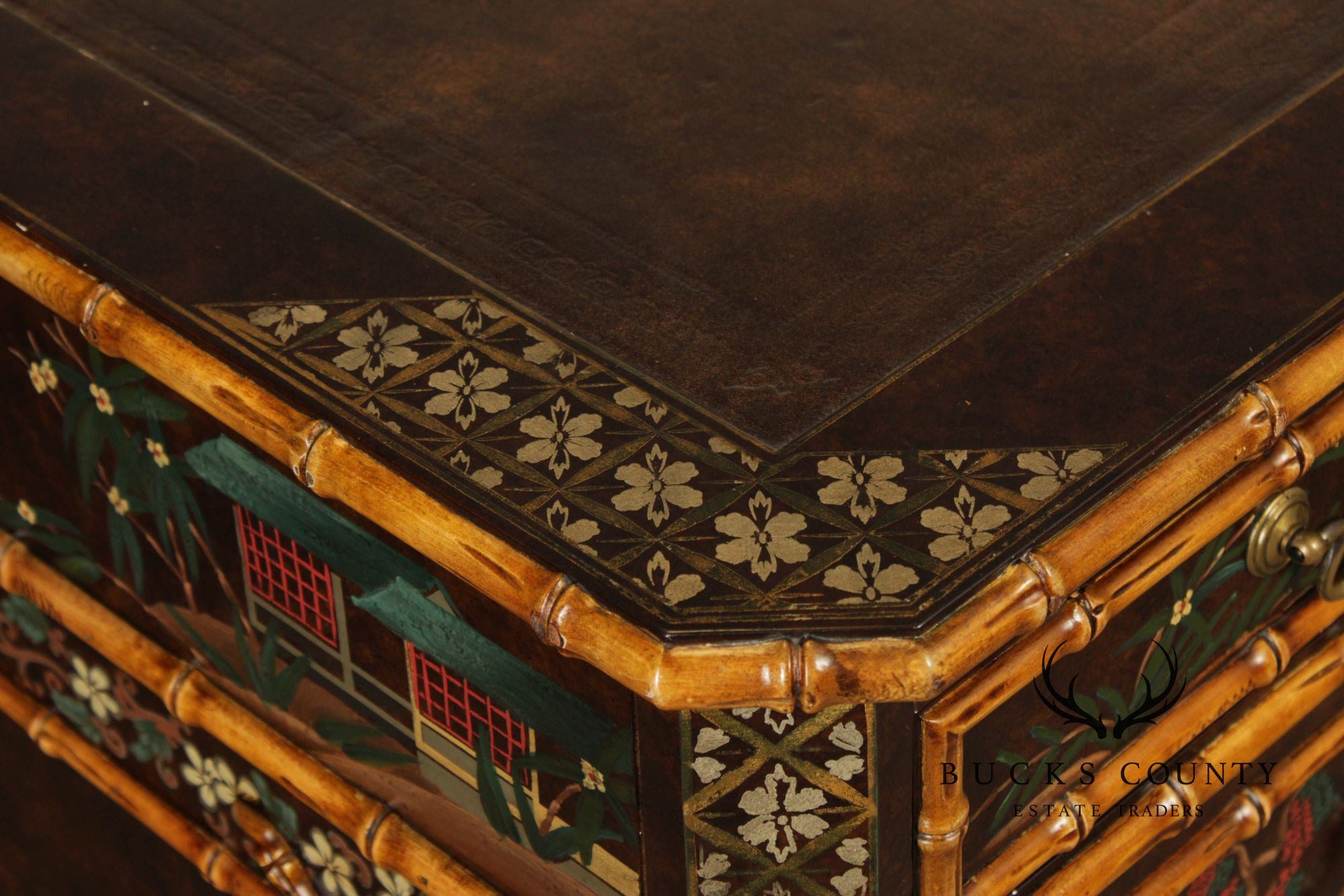 John Widdicomb Chinoiserie Leather Top Executive Partner's Desk