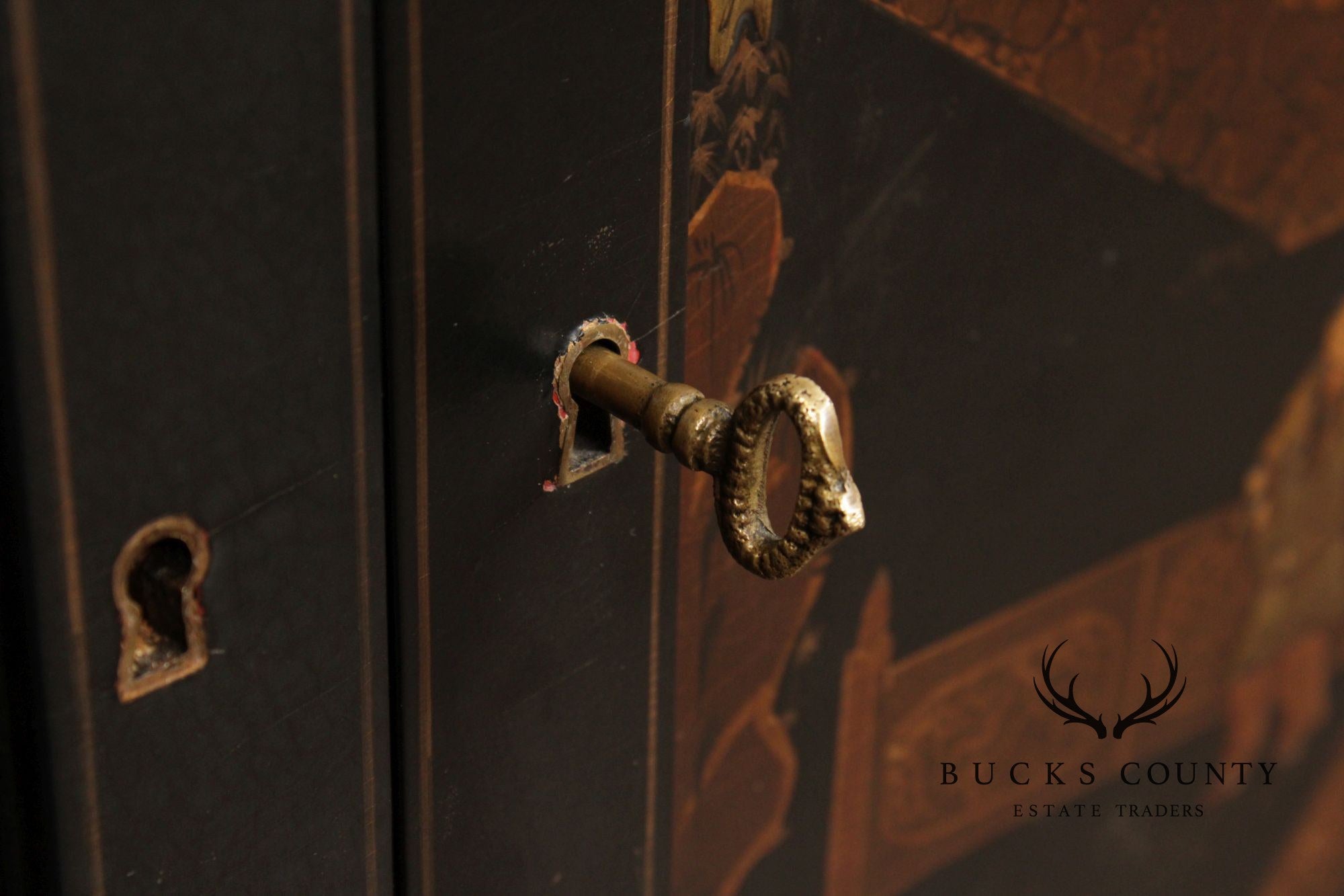 Georgian Furnishing Co. Pair Of Black Lacquer Chinoiserie Cabinets