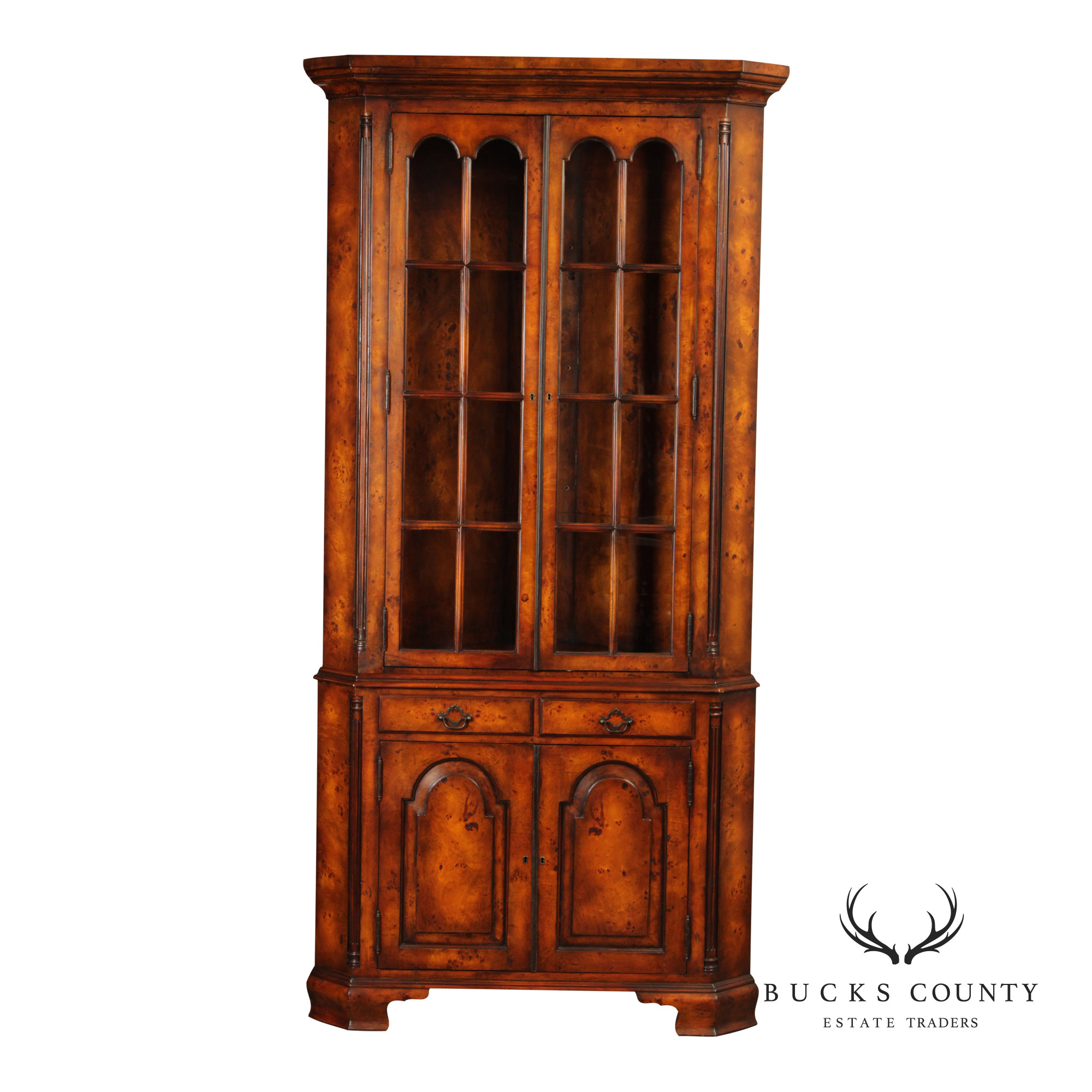 Theodore Alexander Georgian Style Burlwood Corner Cabinet