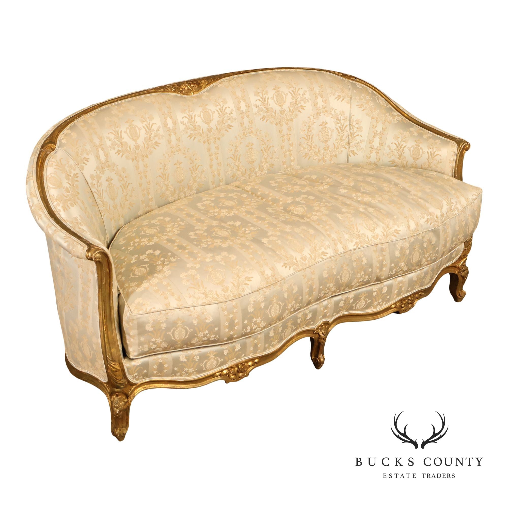 Antique French Louis XV Style Giltwood Upholstered Sofa
