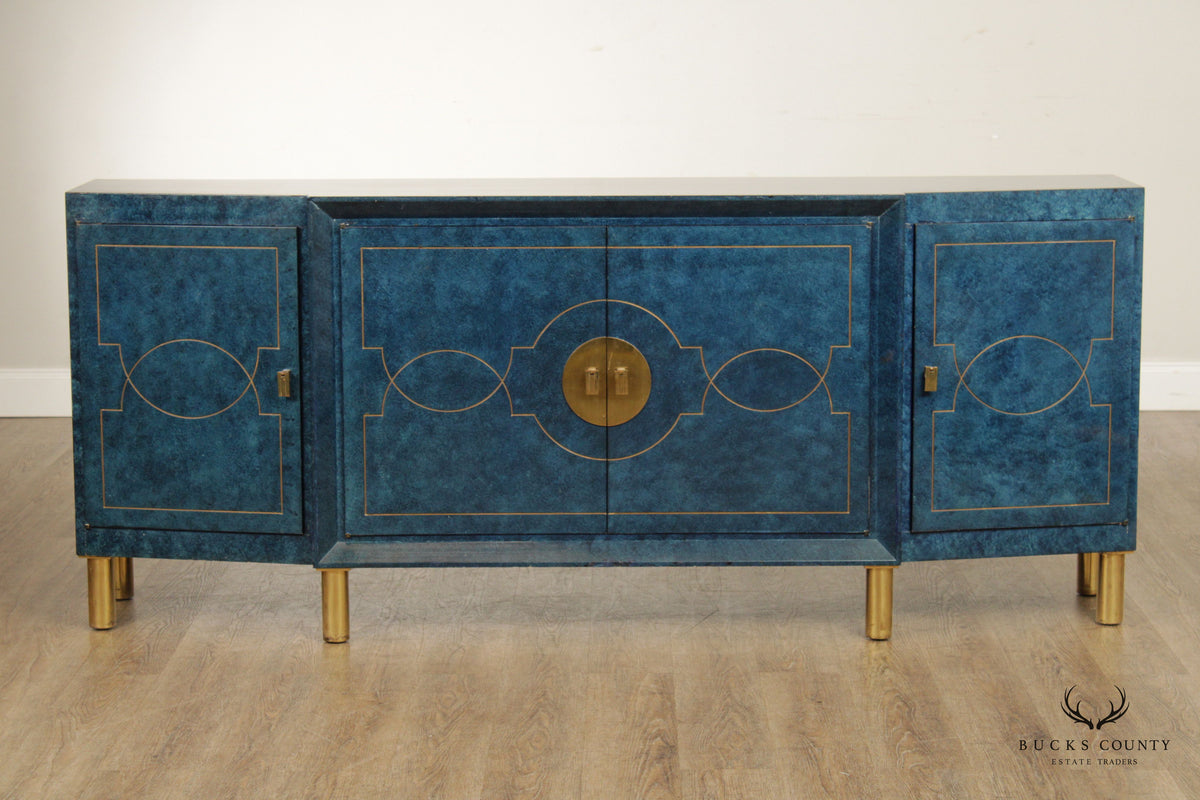 Hollywood Regency Blue Lacquered and Brass Sideboard