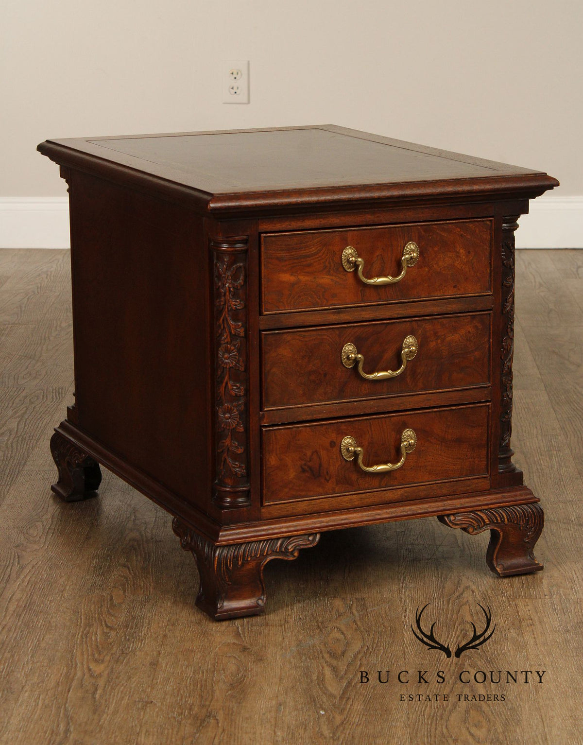 Hekman Georgian Style Leather Top Burlwood Side Table