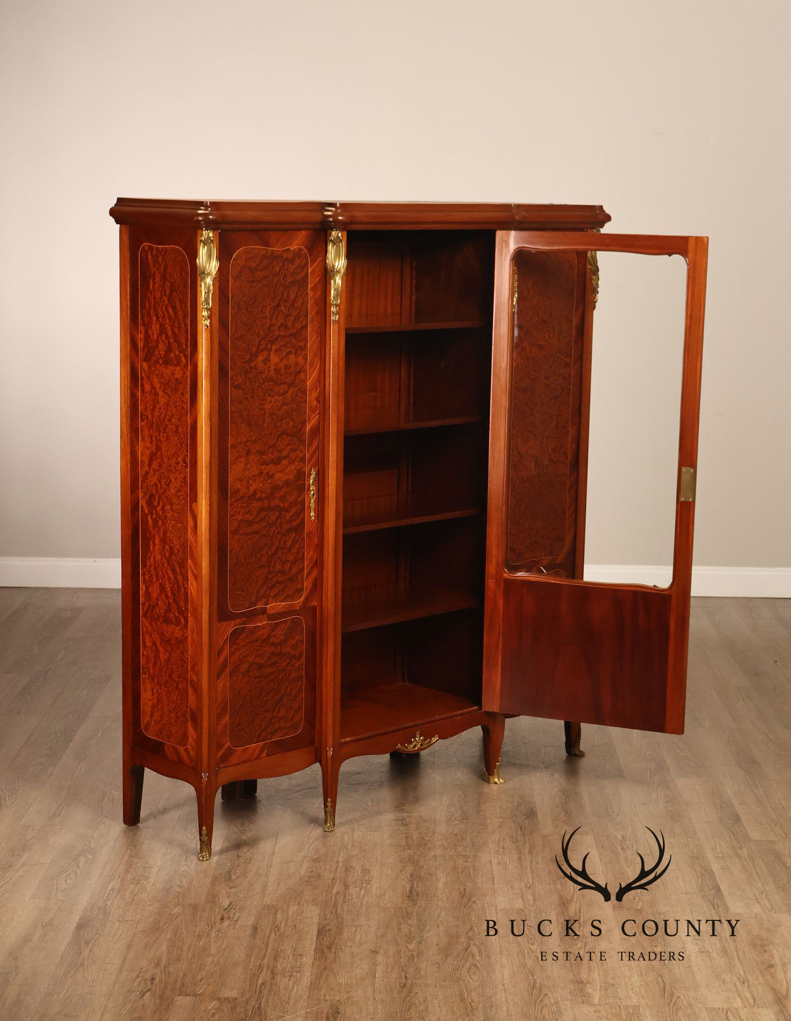 French Louis XV Style Burl Wood Three Door Bookcase Display Cabinet