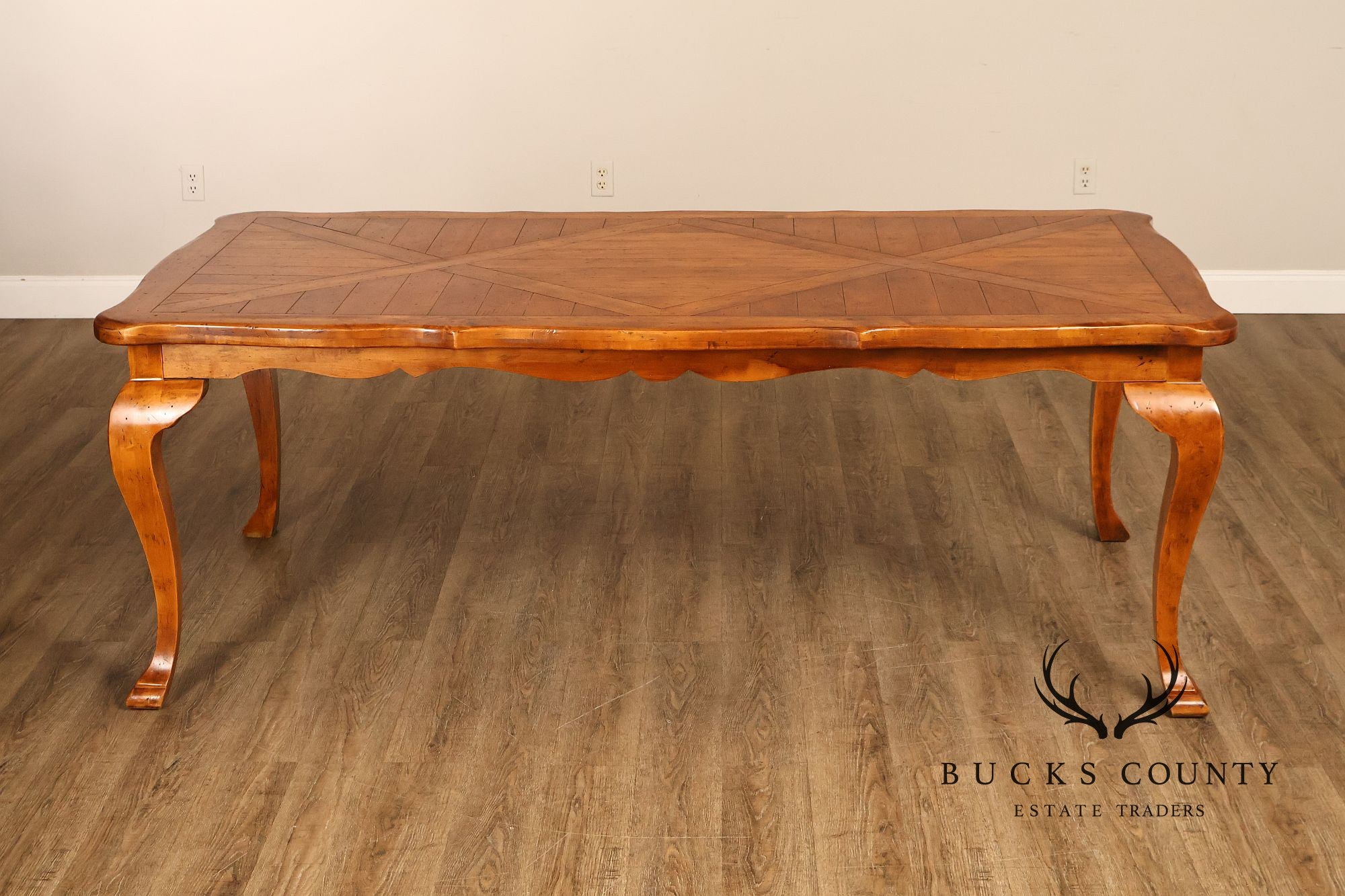 French Provincial Style Parquetry Top Dining Table with Scalloped Apron and Cabriole Legs