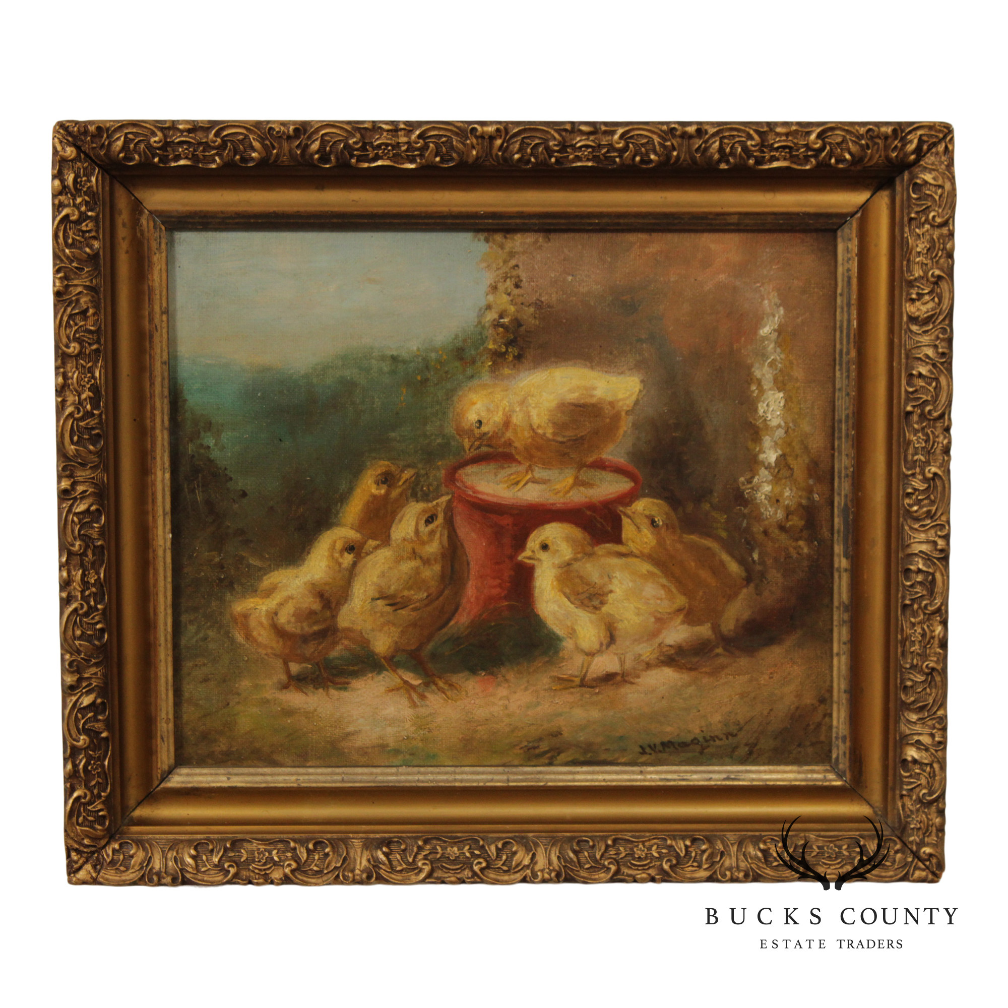 James Vincent Maginn Framed Painting, A Brood of Baby Chickens