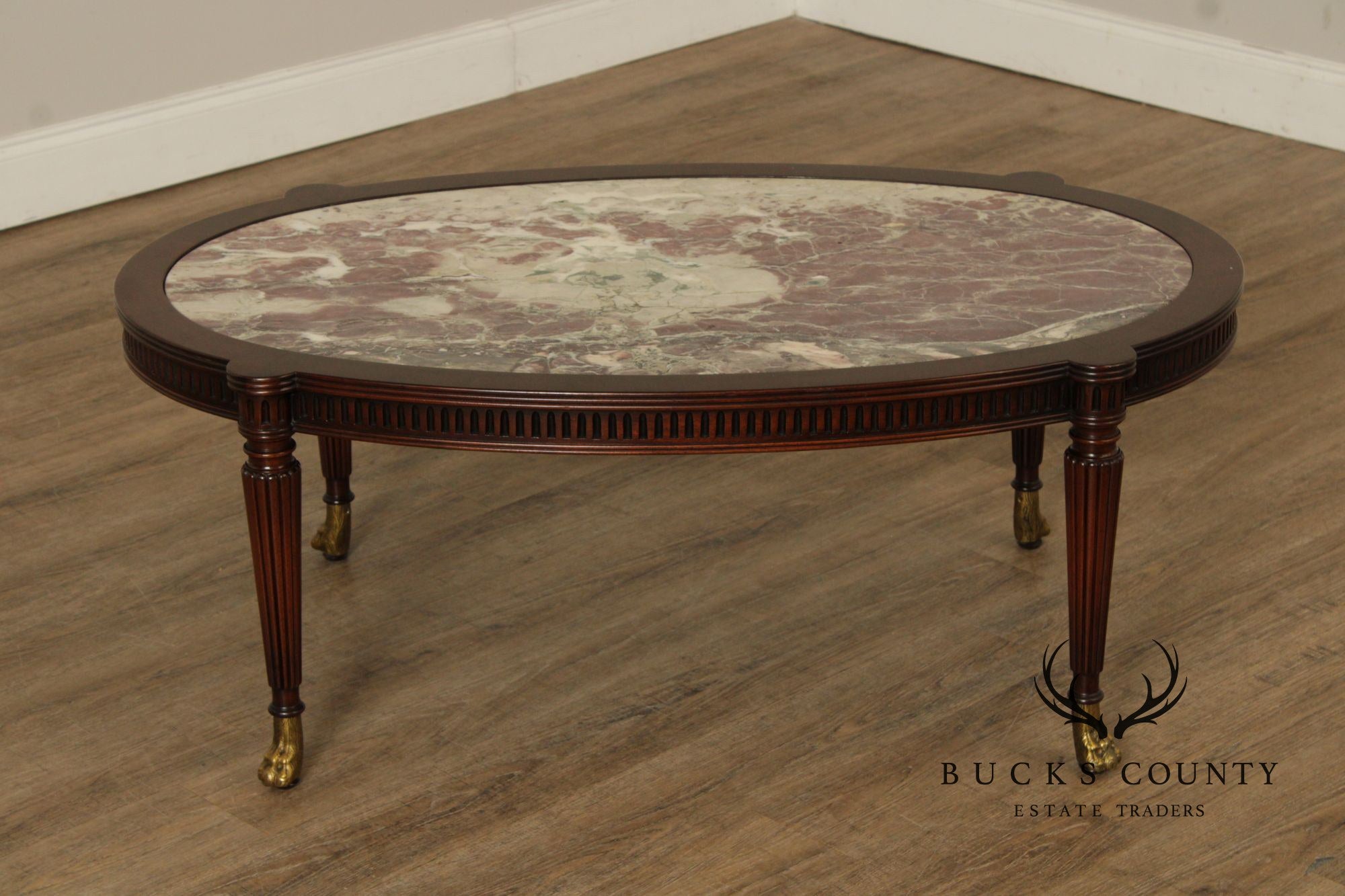 1940's Custom Regency Style Marble Top Mahogany Coffee Table