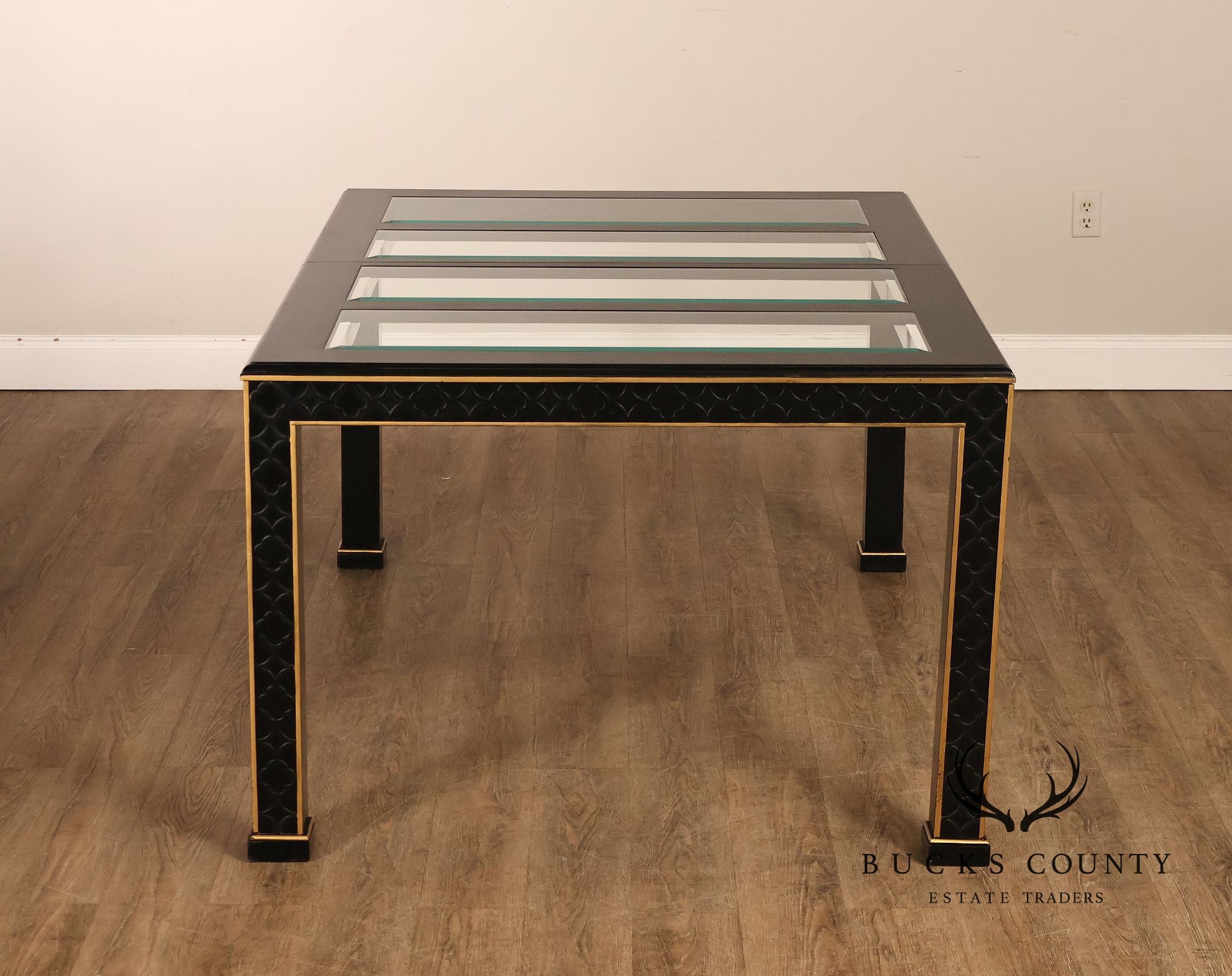 Chinese Chippendale Black Lacquered Dining Table With Two Leaves, Inset Glass