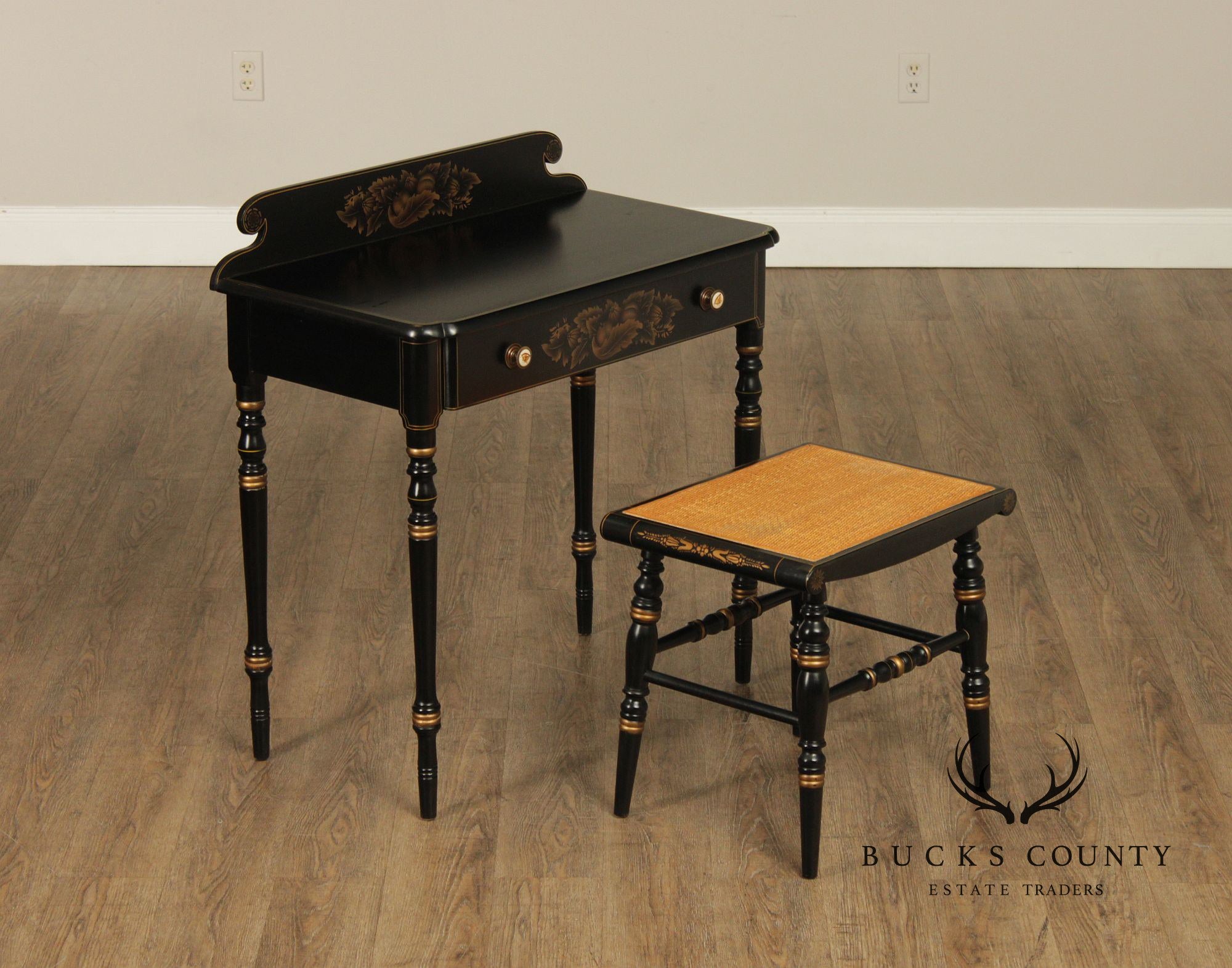 L. Hitchcock Black And Gold Stenciled Vanity Desk And Stool