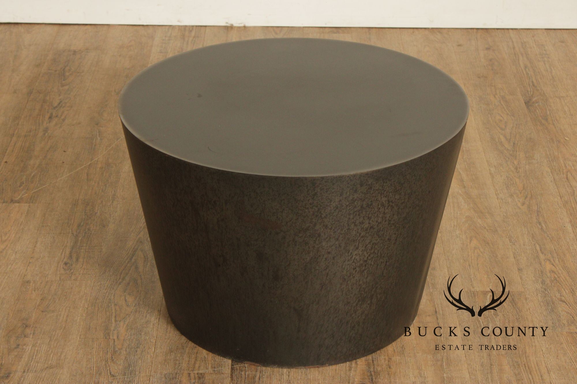 Modern Pair of Patinated Steel Round Drum Side Tables