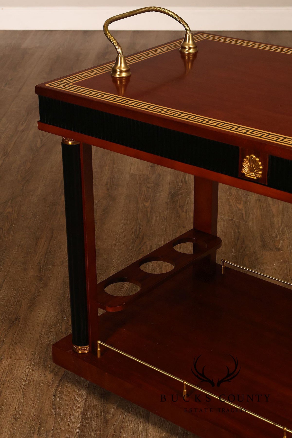 Neoclassical Style Mahogany And Ebonized Bar Cart With Greek Key Inlay And Brass Accents