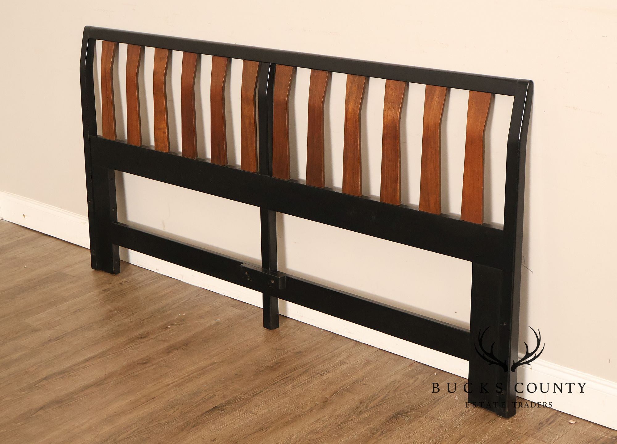Mid Century Modern King Size Headboard with Ebony Frame and Walnut Bentwood Slats