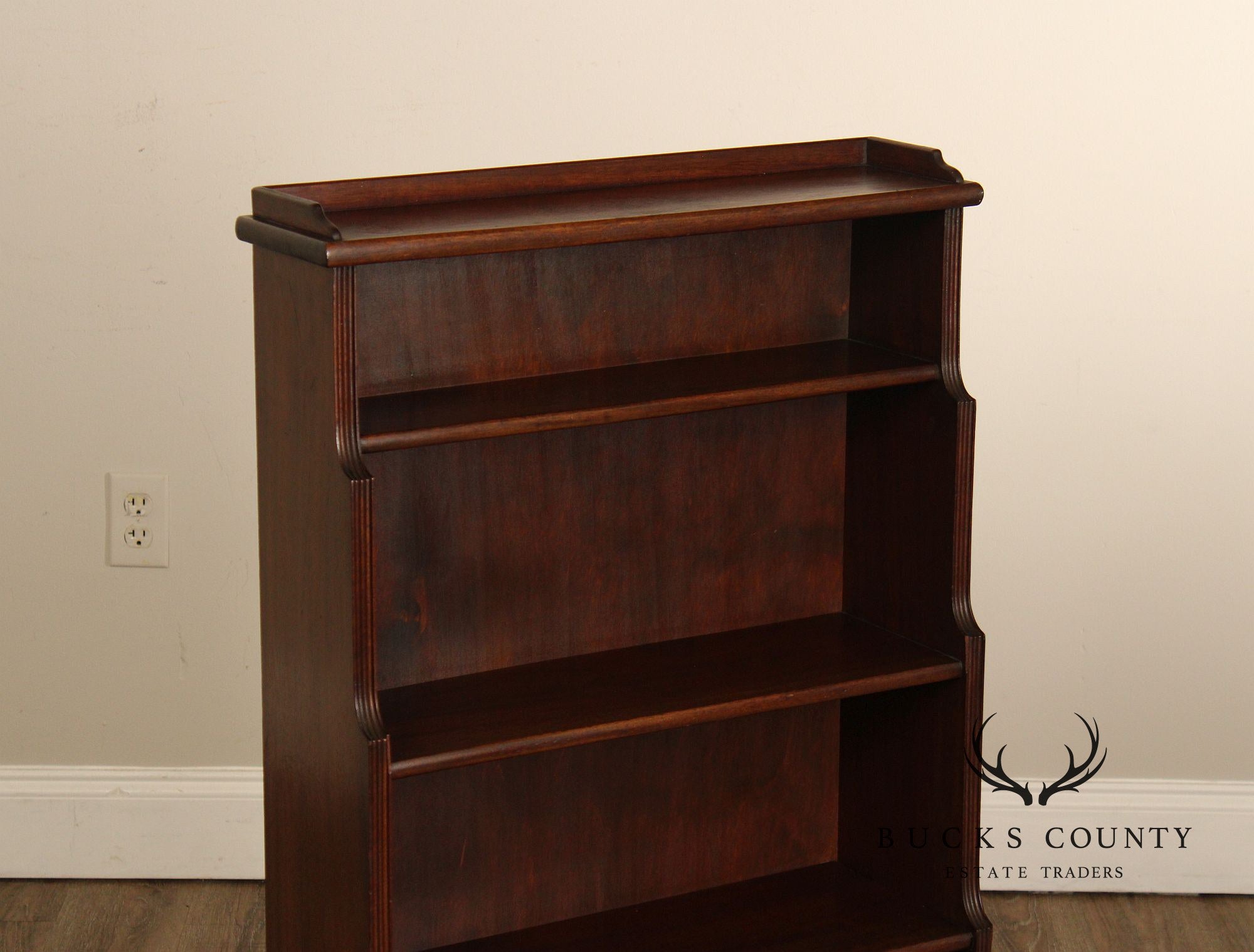 Vintage Georgian Style Narrow Mahogany Waterfall Open Bookcase With Drawer