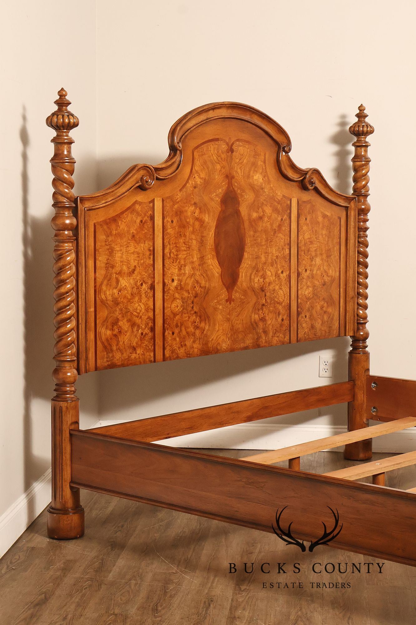 Drexel Heritage Venetian Collection Bookmatched Burl Wood King Four Poster Bed