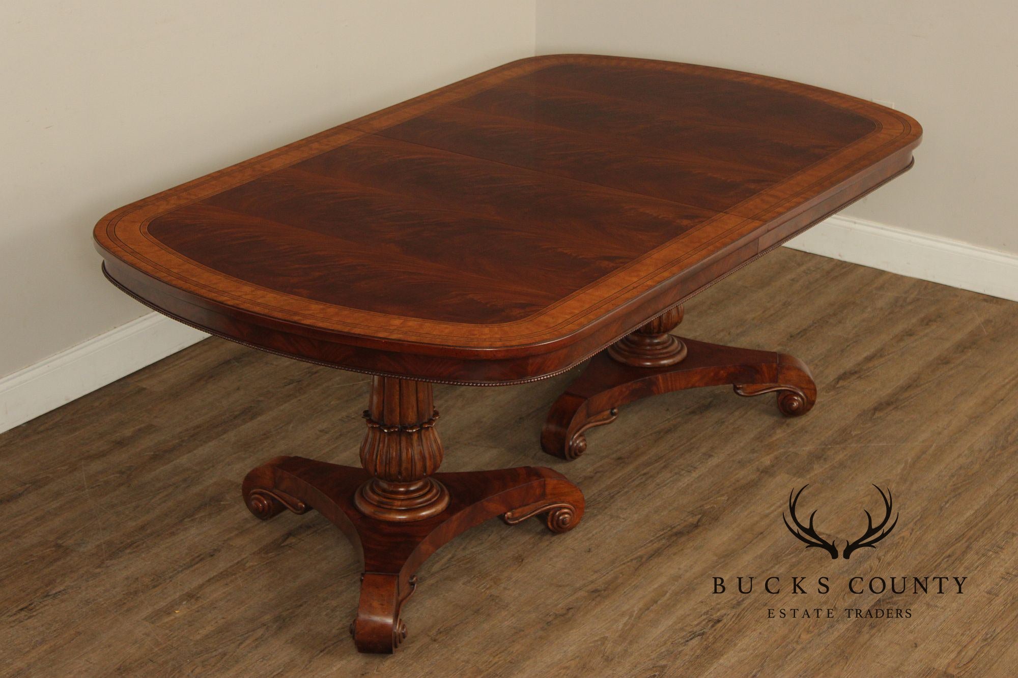 Regency Style Quality Banded Mahogany Double Pedestal Dining Table With 2 Leaves