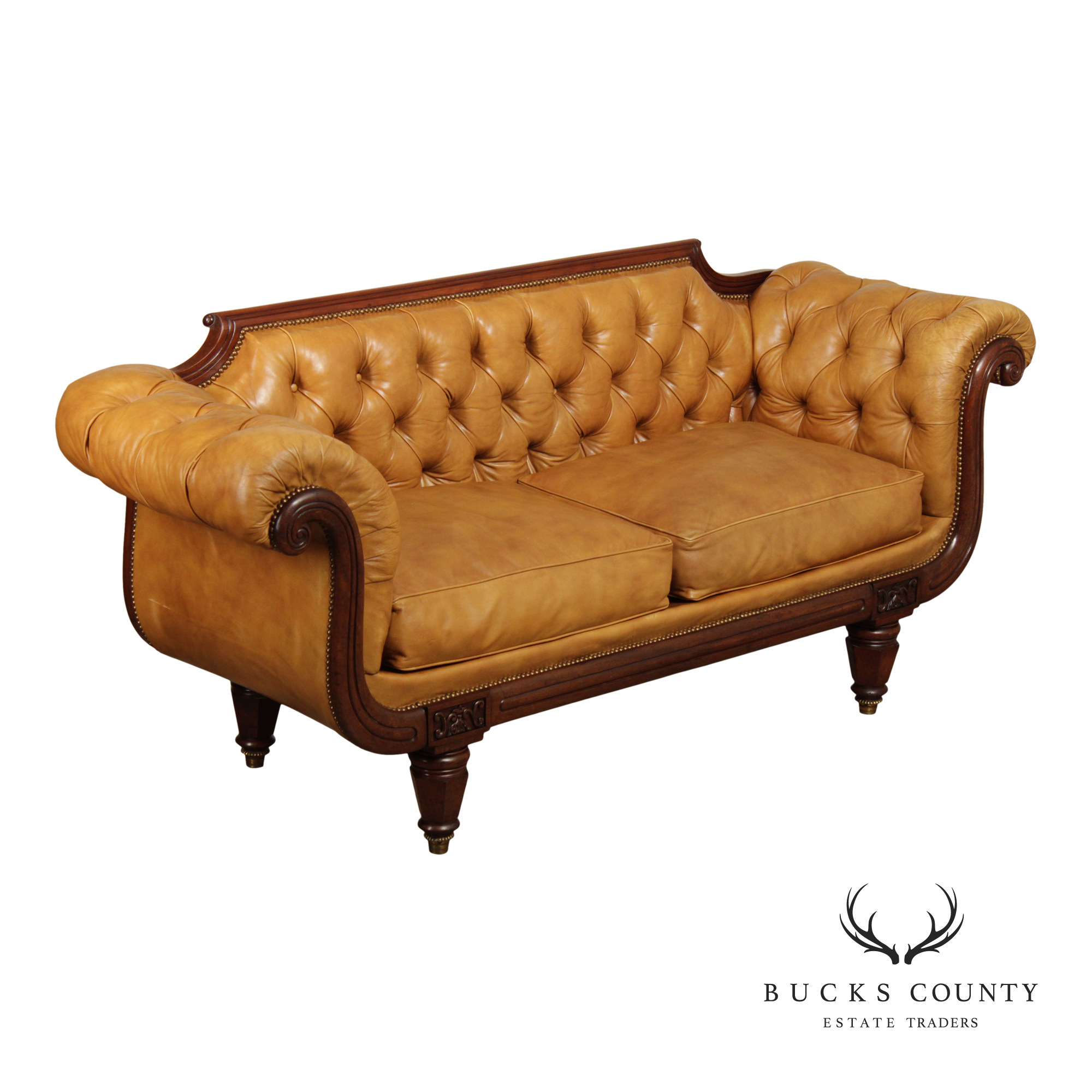 Antique English Regency Mahogany and Tufted Leather Sofa