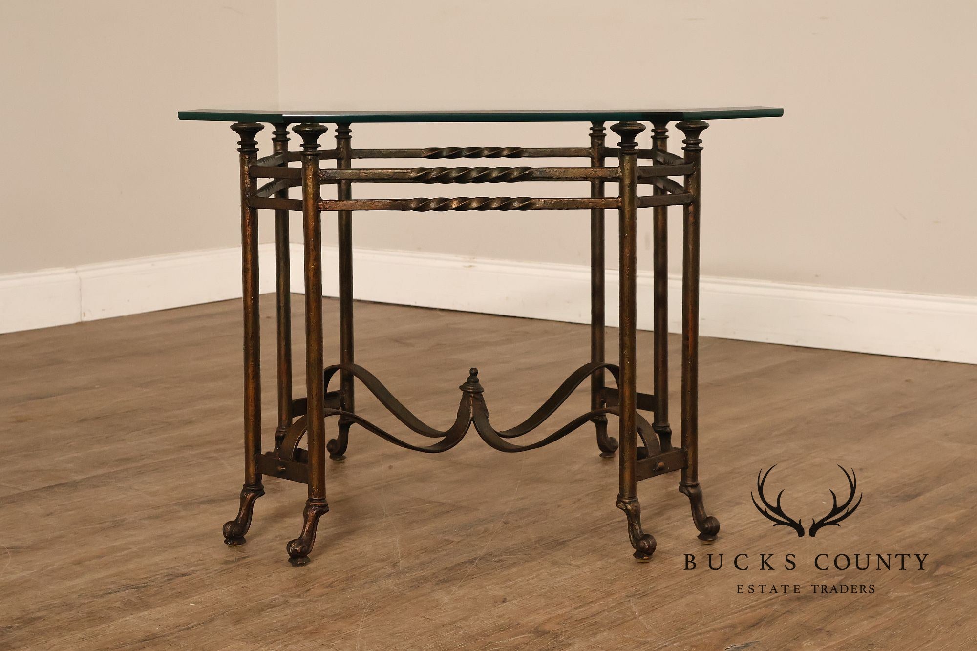 Vintage Hollywood Regency Wrought Iron Glass Top Occasional Table