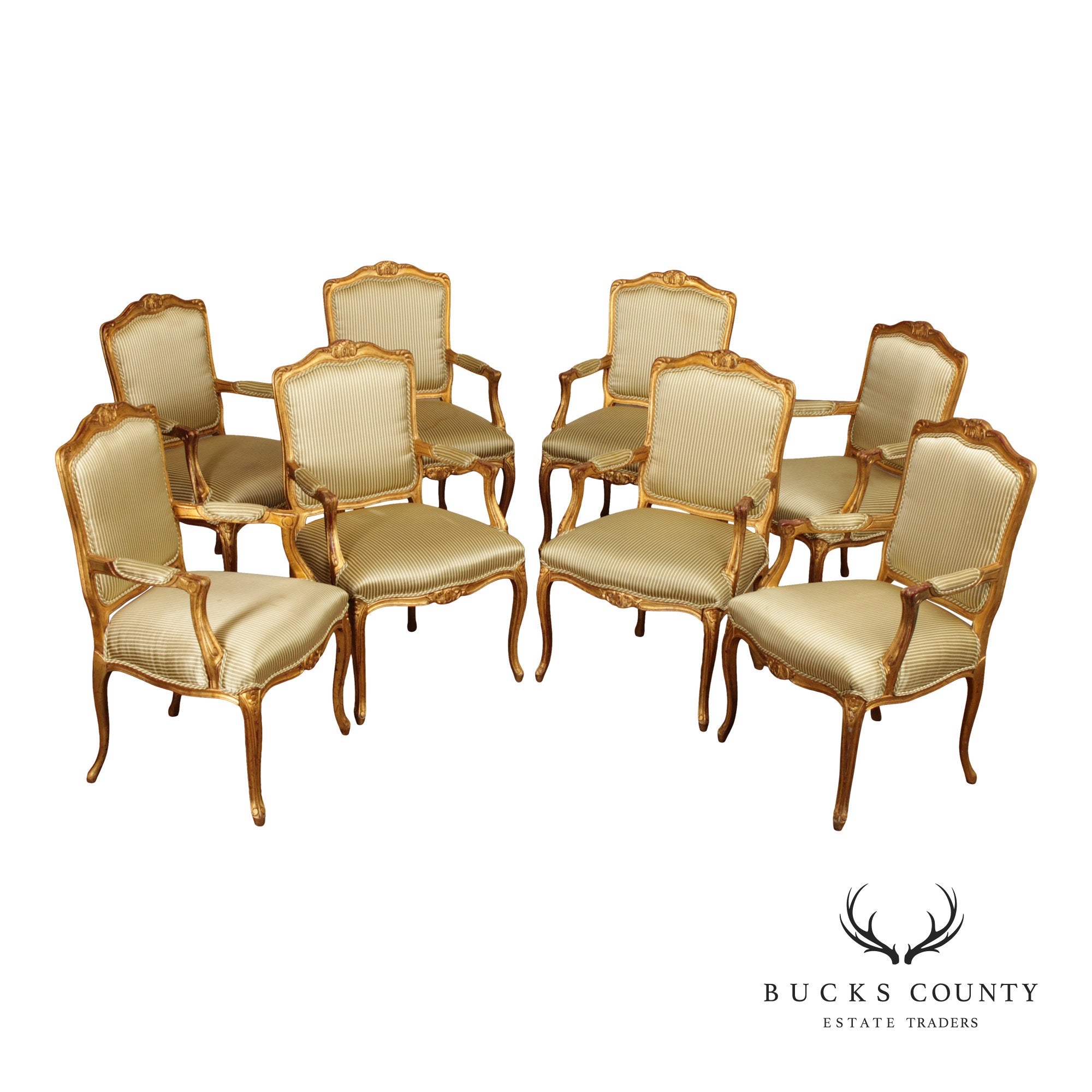 French Louis XV Style Set of Eight Giltwood Dining Armchairs