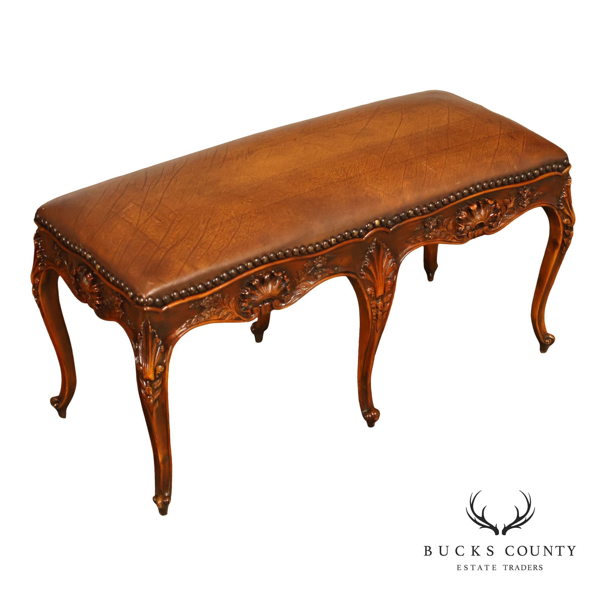 Rococo Style Leather Upholstered Carved Mahogany Window Bench