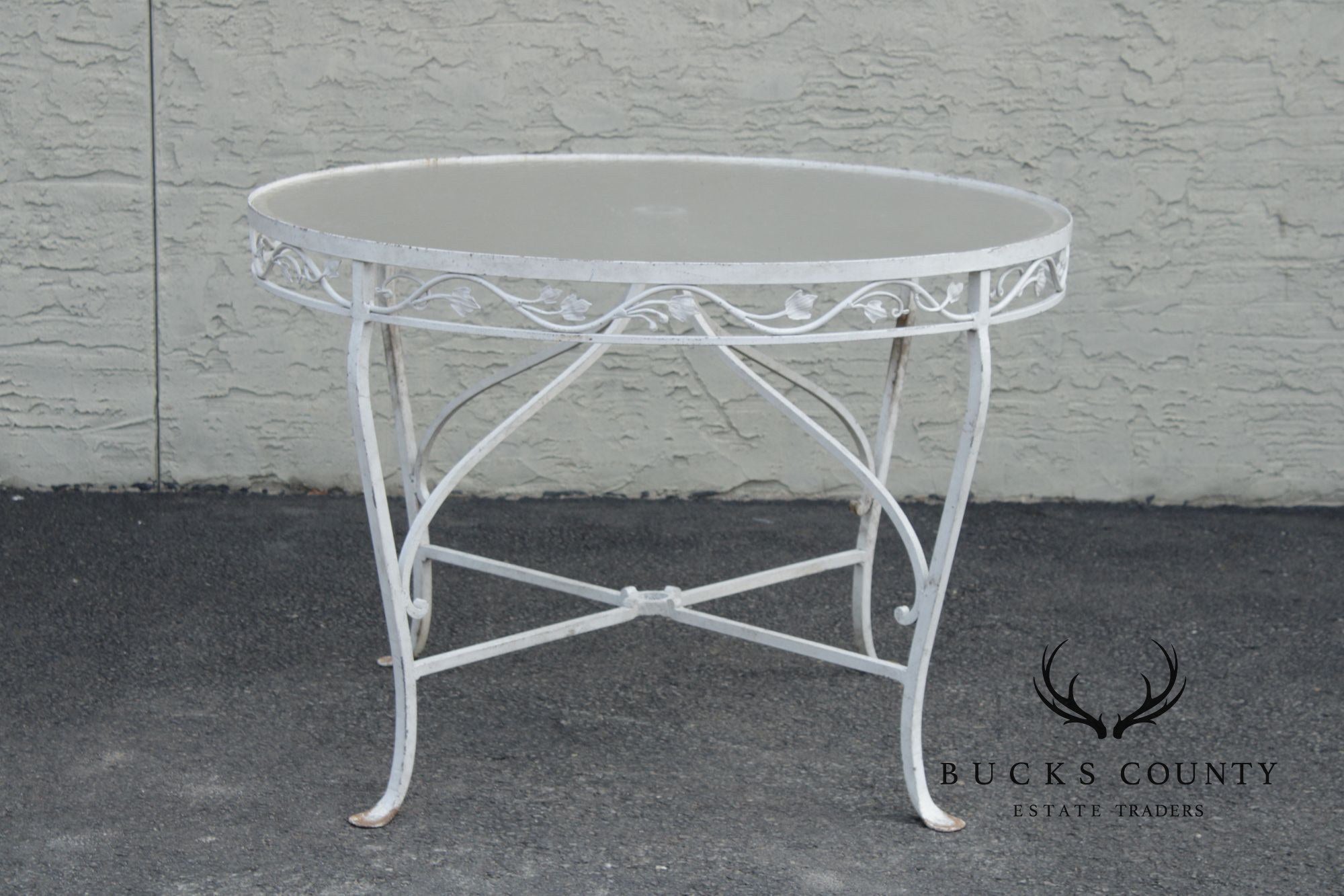 Vintage Round Glass Top Wrought Iron Outdoor Patio Dining Table