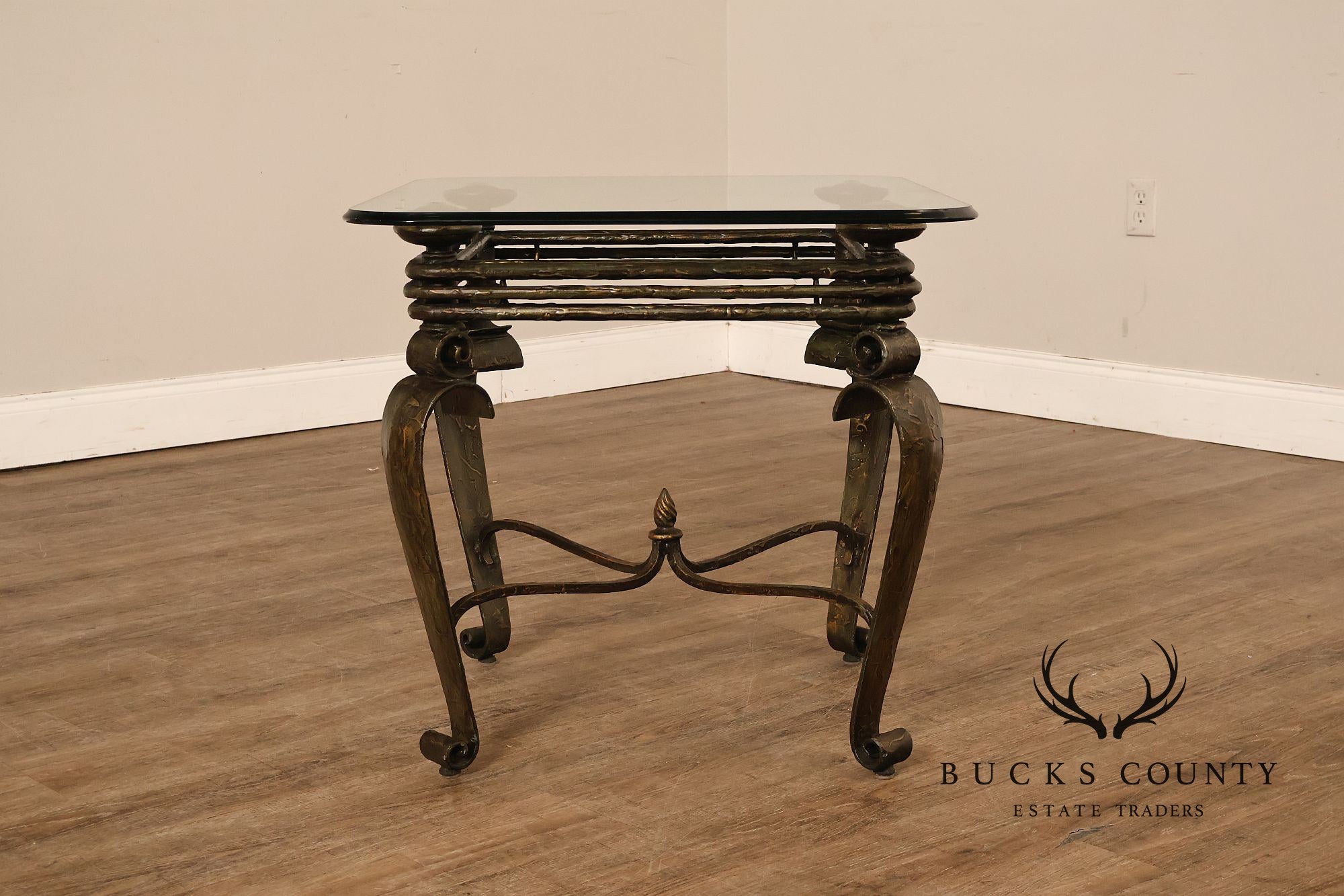 Neoclassical Revival Glass Top Metal Accent Table
