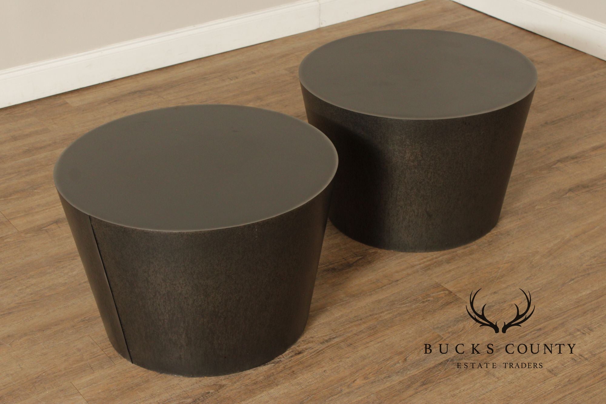 Modern Pair of Patinated Steel Round Drum Side Tables