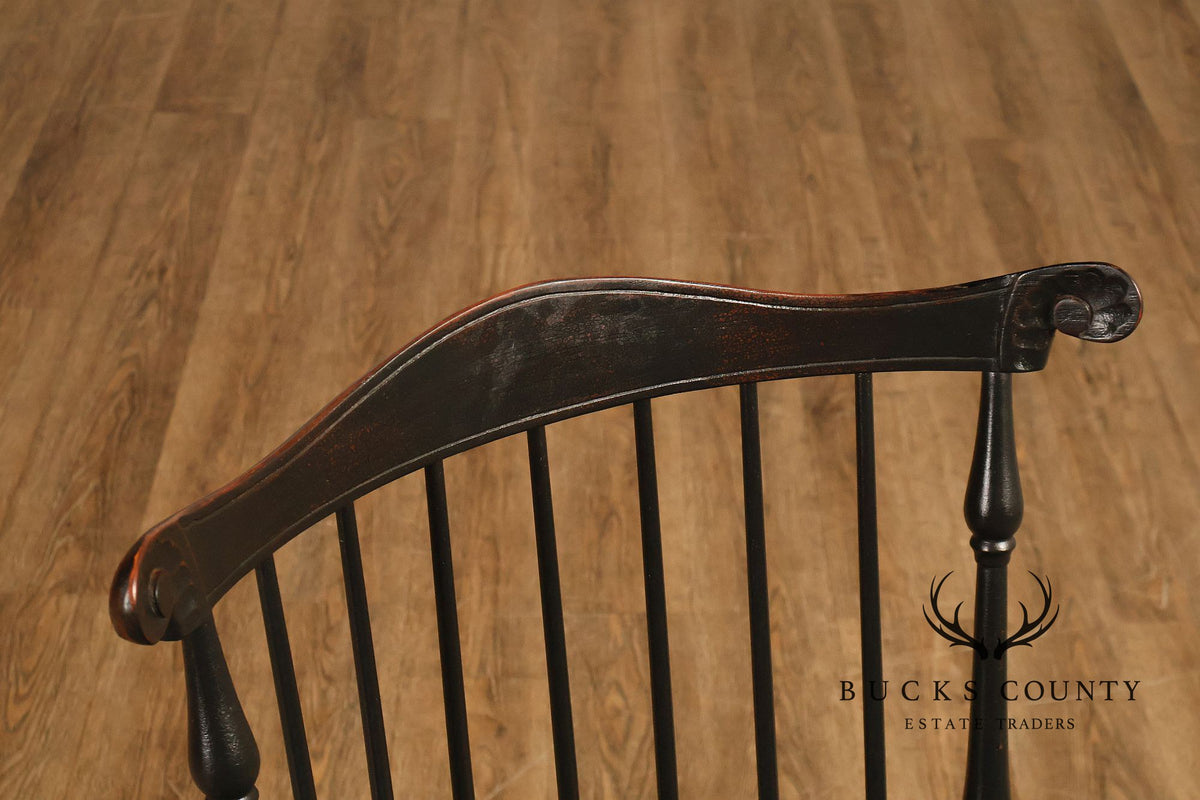 Custom Set Of Four Black Over Red Painted Fan Back Windsor Dining Chairs