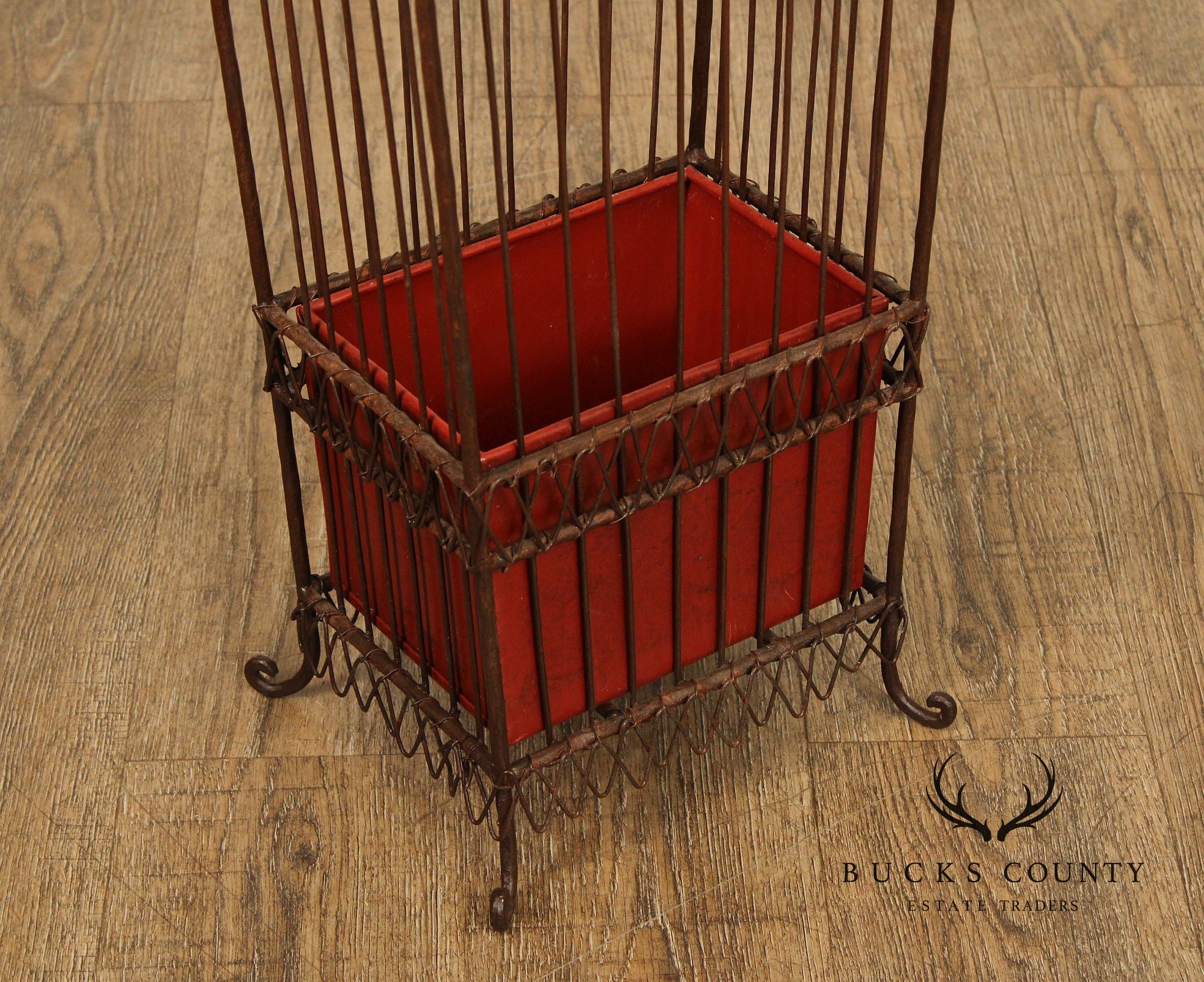 Vintage Wrought Iron Umbrella Stand with Red Liner