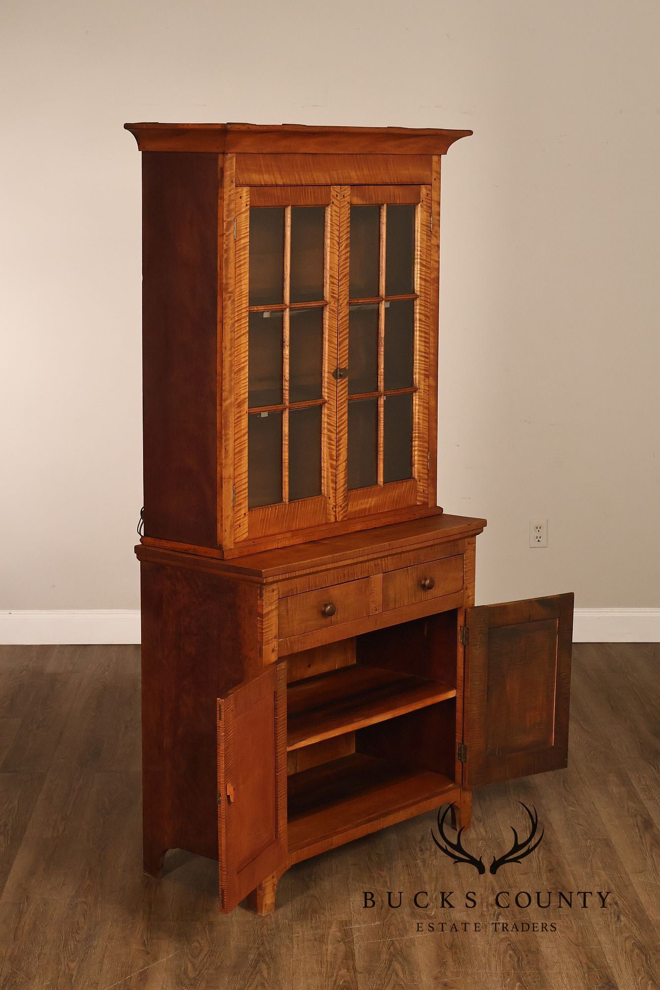 Bench Made Tiger Maple And Cherry Two Piece Stepback Hutch Cabinet